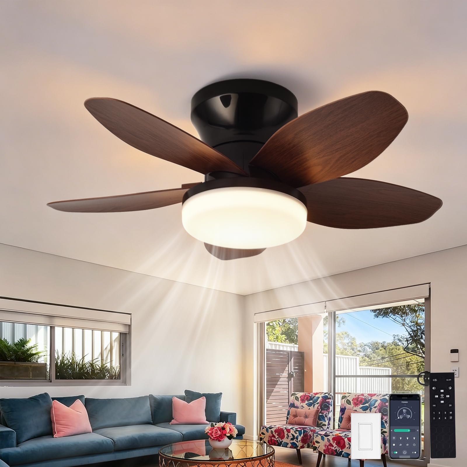SXDMOUBK 25 Inch Dimmable LED Ceiling Fan,Reversible,Timer,6 Speeds & Timer Ultra-Quiet,Ceiling Fans with Lights and Remote,Dimmable Smart Ceiling Fan for Bedroom Kitchen Dining Room