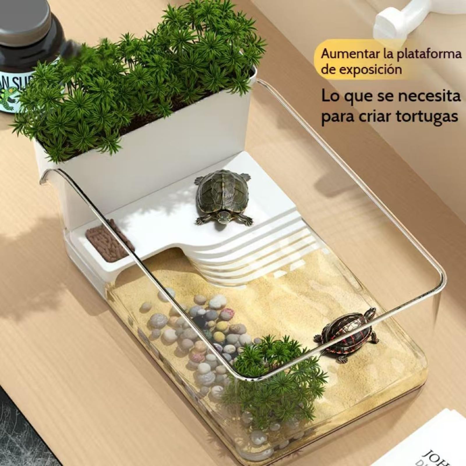 Terrario Grande con Plataforma para Terrario de Tortugas con Plataforma para Tomar el Sol y Rampa,Tanque Transparente para Tortugas Recinto para Reptiles， Cangrejos y Pequeños Peces,