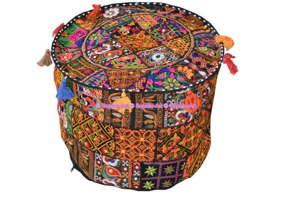 Sophia-Art Indian Embroidered Patchwork Cover Indian Decorative Pouf Indian Comfortable Floor Cotton Cushion Ottoman Pouf,Indian Designs Ethnic Patchwork Pouf (Black Rajkoti, 18"x13")