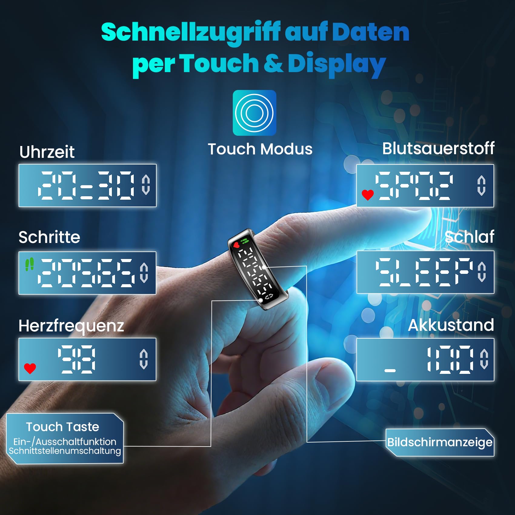 Smart Ring für Damen Herren, Smartringe mit LED Anzeige, Fitness Tracking Ring IP68, Schlaf Health Ring, Gesundheitsring mit Android/iOS,Schrittzähler/Herzfrequenz/SpO2/Aktivitätstracker (Schwarz, 8)