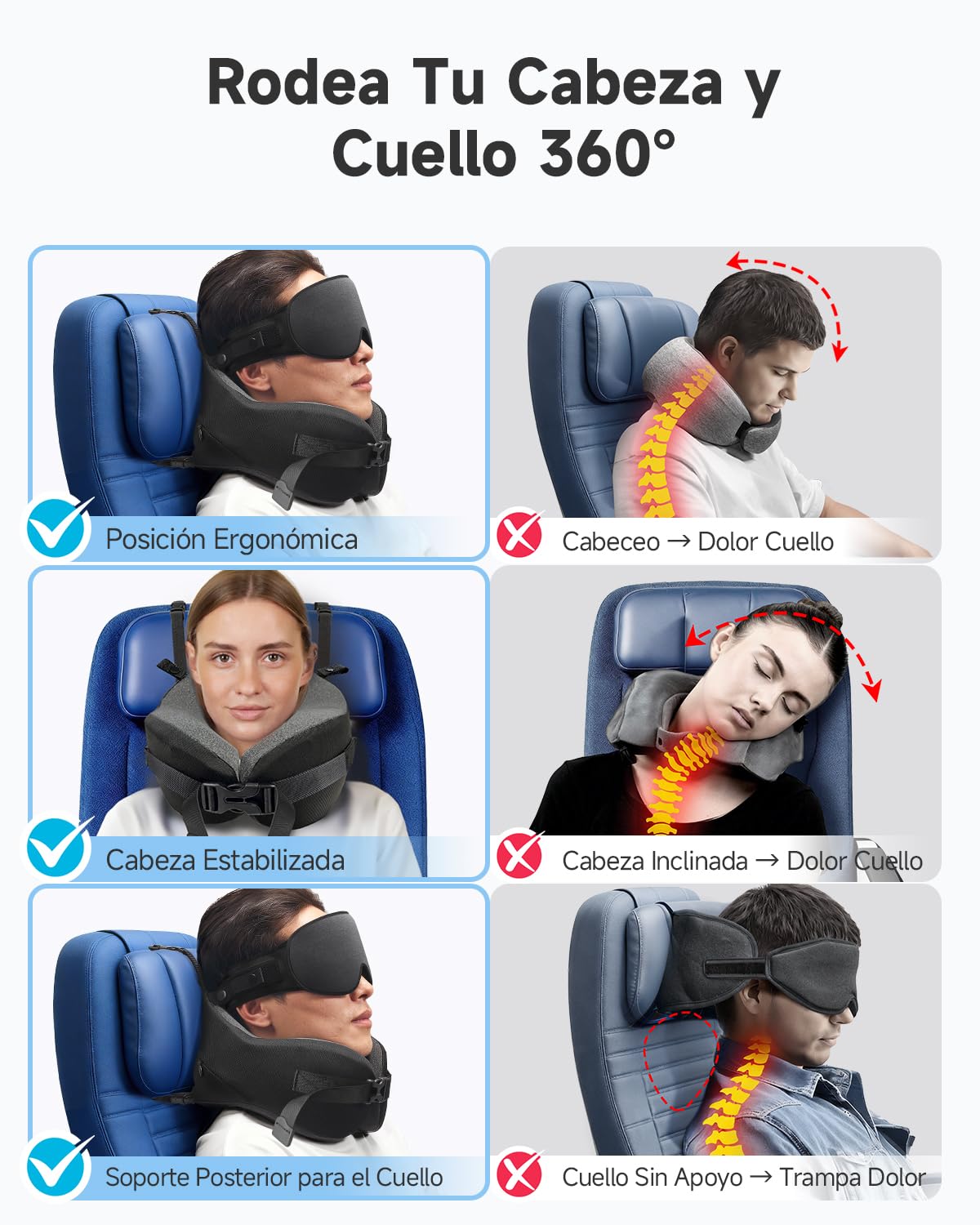 Umisleep Cojín Cervical de Viaje para Avión para Vuelos Largos, Almohada de Memory Foam con Máscara de Sueño 3D, Soporte 360° para Cabeza y Cuello, Evita Que la Cabeza se Incline en Avión, Negro