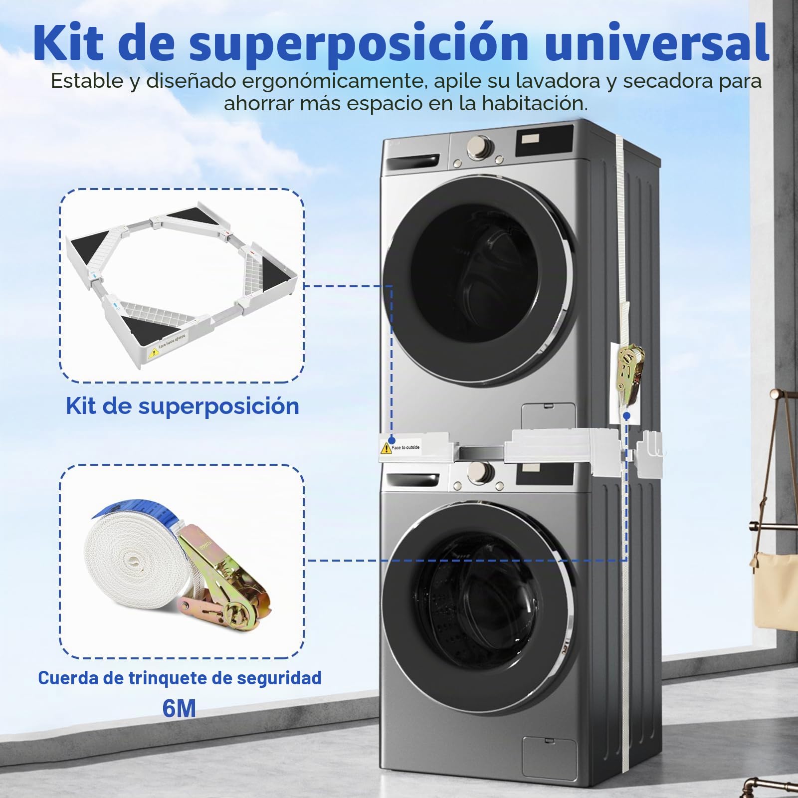 Kit Union Lavadora Secadora, Kit de Apilamiento Universal con 8 Almohadillas Antivibración y Cuerda de Trinquete, Marco Ajustable de Soporte Secadora de 44.5-70 CM, 4 Ganchos, Blanco