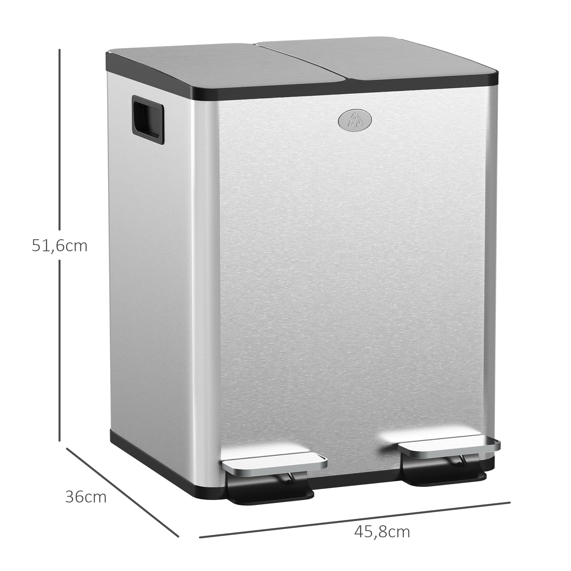 HOMCOM - Papelera de cocina doble, 2 x 20 L, cubo de pedal de acero inoxidable, 2 tapas de cierre suave, cubos interiores extraíbles y asas anti-huellas dactilares, 45,8 x 36 x 51,6 cm