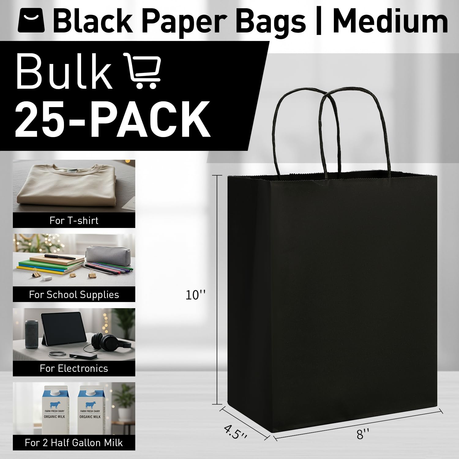 SUNCOLOR 25-Pack Black Gift Bags with Handles, 8x4.5x10 Inch Medium Kraft Paper Bags for Party Favors, Retail, Halloween, Weddings
