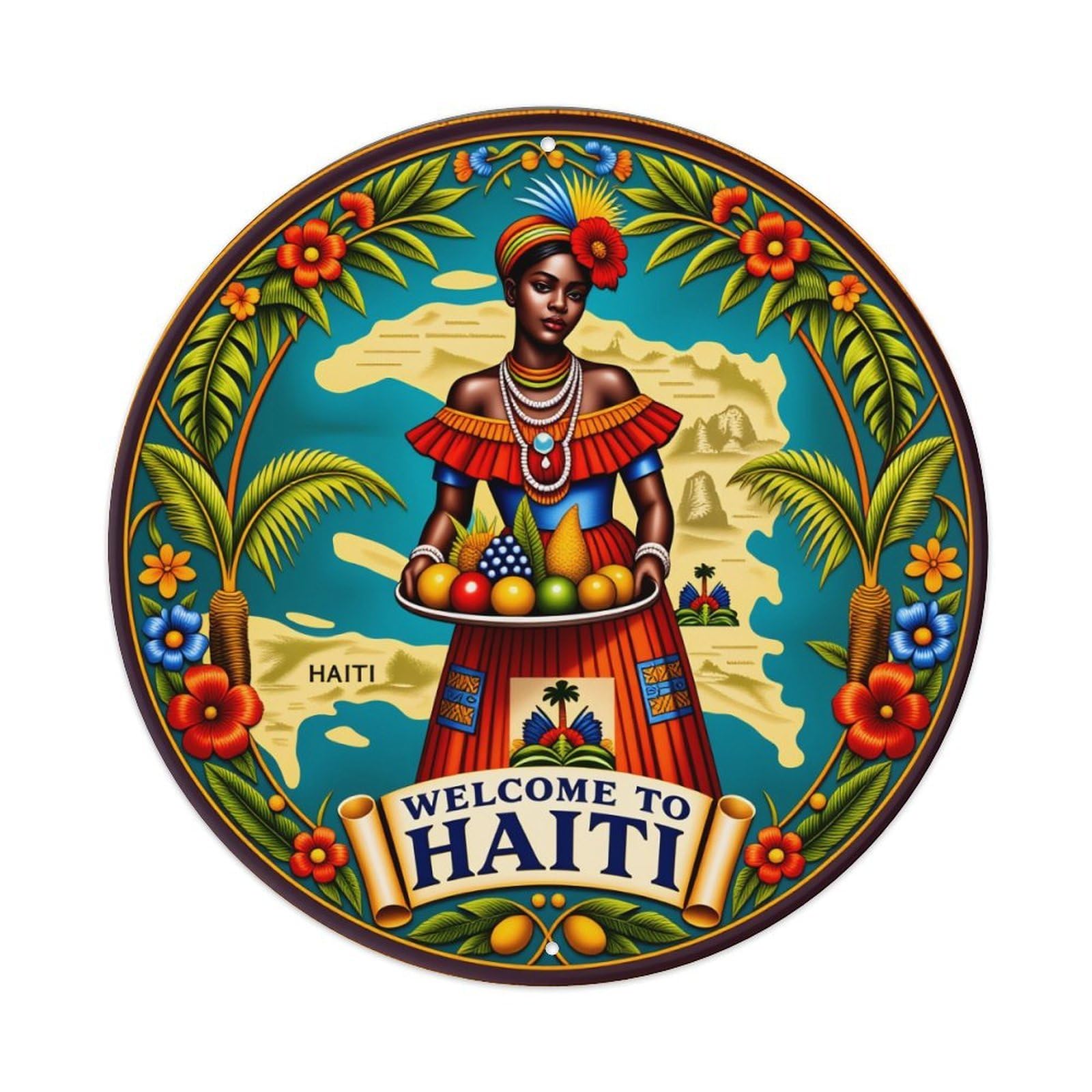 Colorful Haitian Woman With Fruit Metal Tin Sign Vintage Garden Bedroom Cafe Bar Man Cave Home Wall Decor Metal Poster 8x8 inches