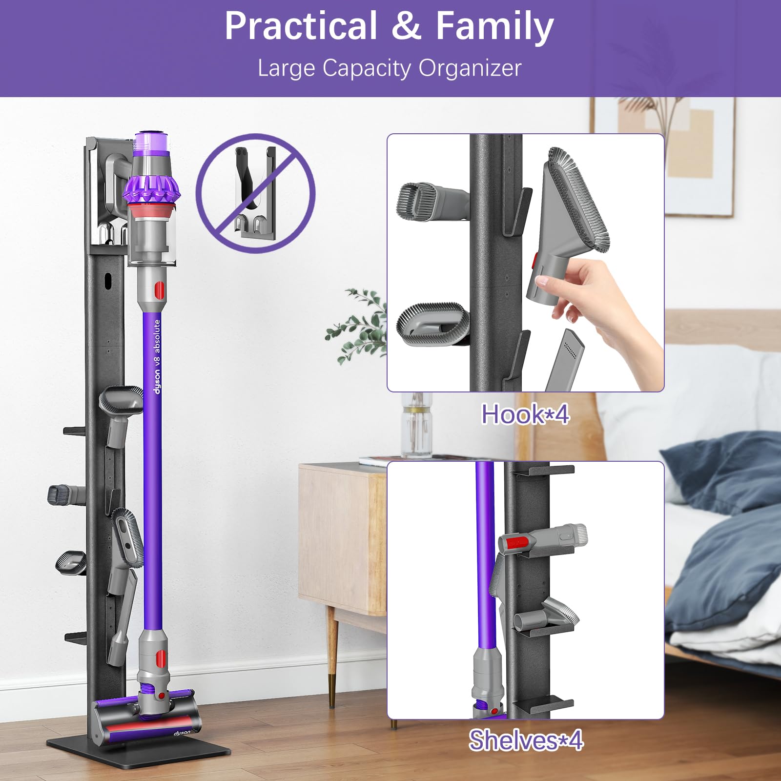 XIGOO Vacuum Docking Station Stand Compatible With V15 V12 V10 V8 V7 V6 Detect Cordless Vacuums Cleaners Attachment Storage, Cleaner Stand with 4 Hooks and 4 Shelves, Metal Black