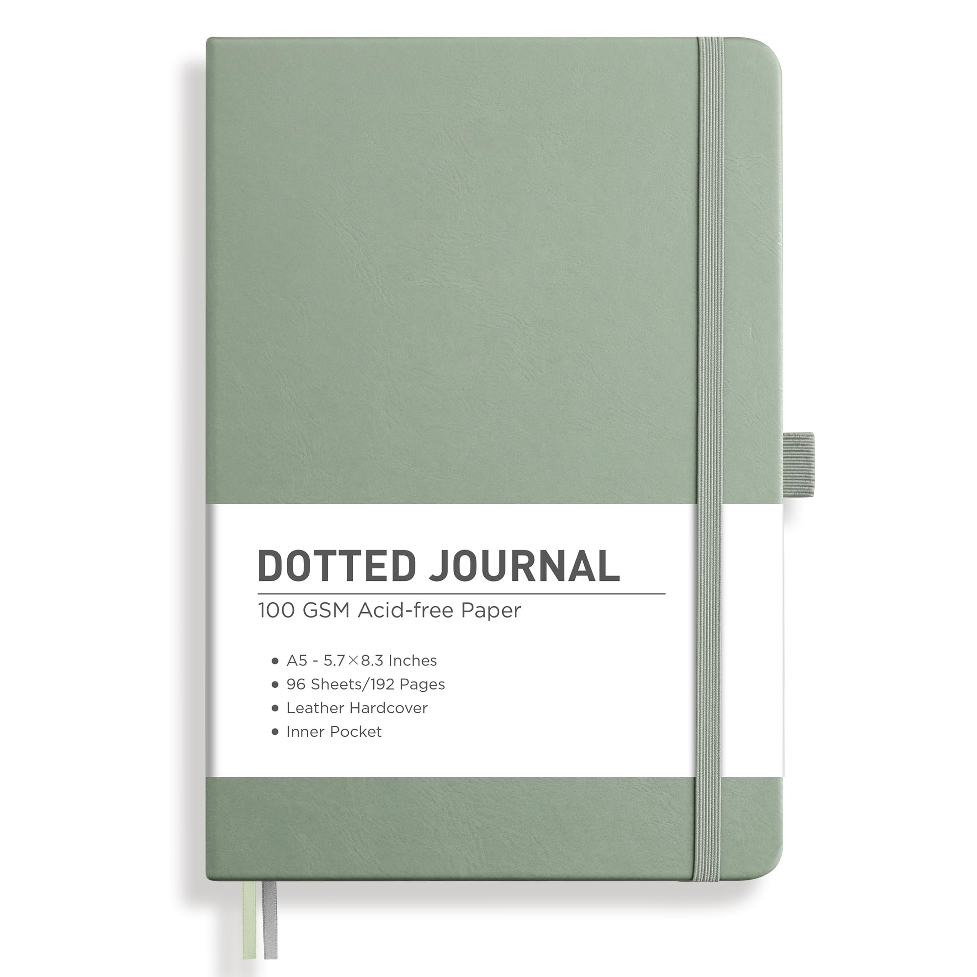 RETTACY Bullet Dotted Journal Notebook, 192 Pages, A5 Medium Size (5.7'' x 8.3''), Leather Hardcover, 100 GSM Thick Paper, for Journaling, Planning, Tracking (Sage Green)