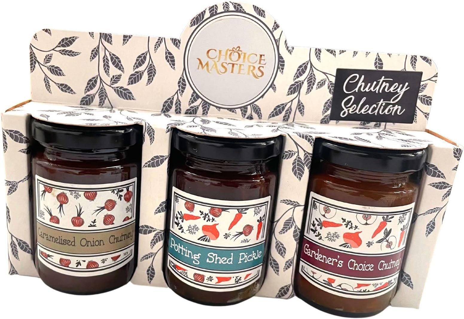 Choice Masters Cheese Lovers Trio Jar Gift Set - Cheeseboard Accompaniment Tea Time Gift Pack - ~Caramelised Onion Cheeseboard Chutney & Potting Shed Pickle and Gardeners Choice Chutney