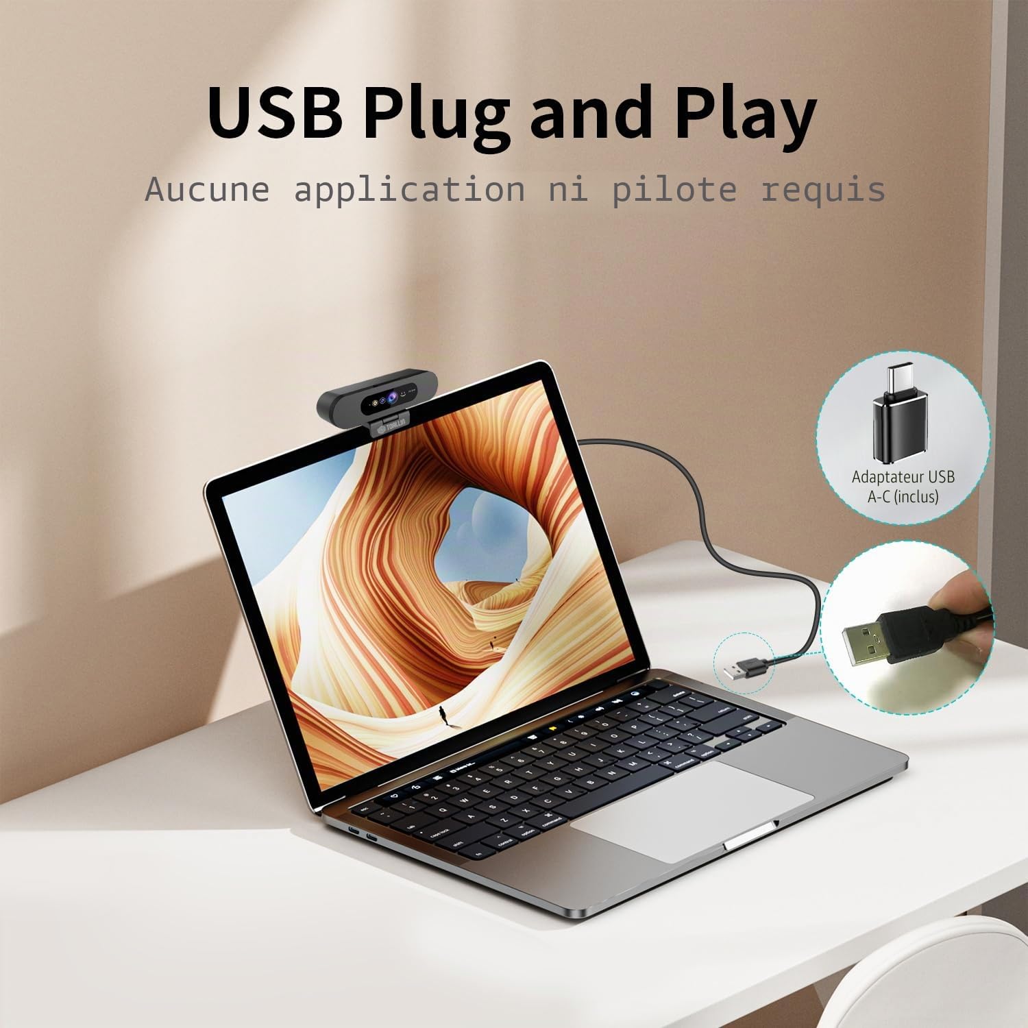 TOALLIN Webcam 2K QHD pour Windows Hello Face Login, caméra de reconnaissance faciale infrarouge, webcam USB avec microphone, vue grand angle de 92 °, pour appels vidéo