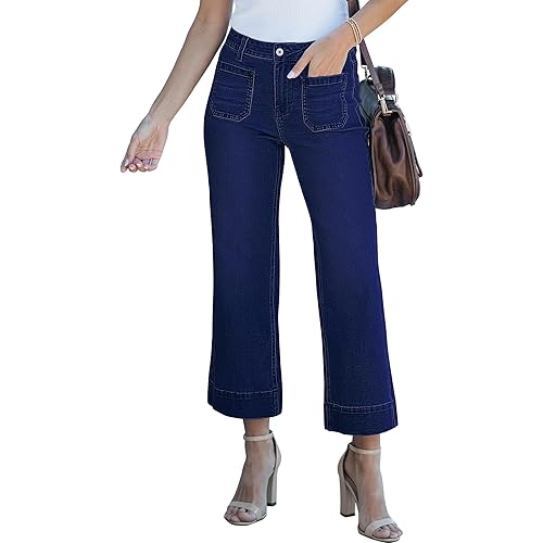 luvamia Wide Leg Jeans for Women Trendy High Waisted Flare Jeans Cropped Denim Pants Stretchy Baggy with Patch Pockets