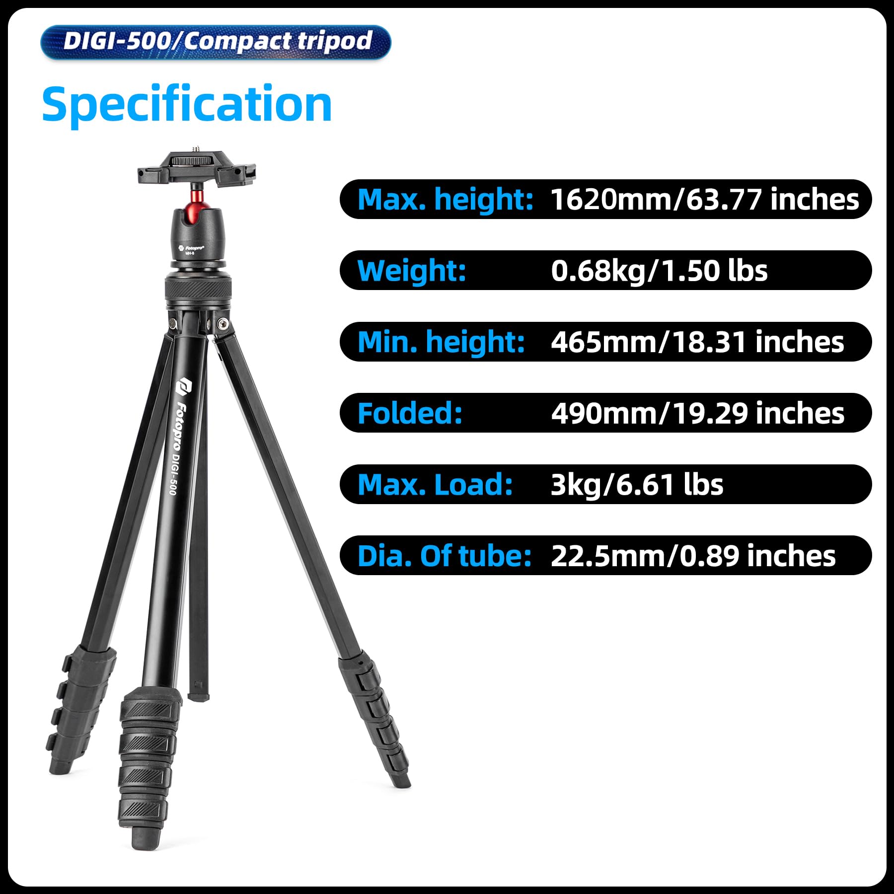 Fotopro Treppiede per fotocamera da 162,6 cm con clip per telefono 2 in 1, testa video fluida nascosta, 0,7 kg, leggero, portatile, da viaggio, per fotocamera e telefono, carico massimo 3 kg