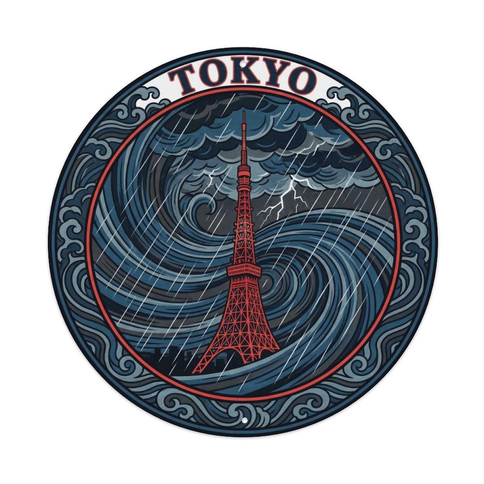 Olyhtr 8X8inch Classic Style Tokyo Tower Typhoon Storm Japan Woodblock Prussian Blue Metal Tin Sign