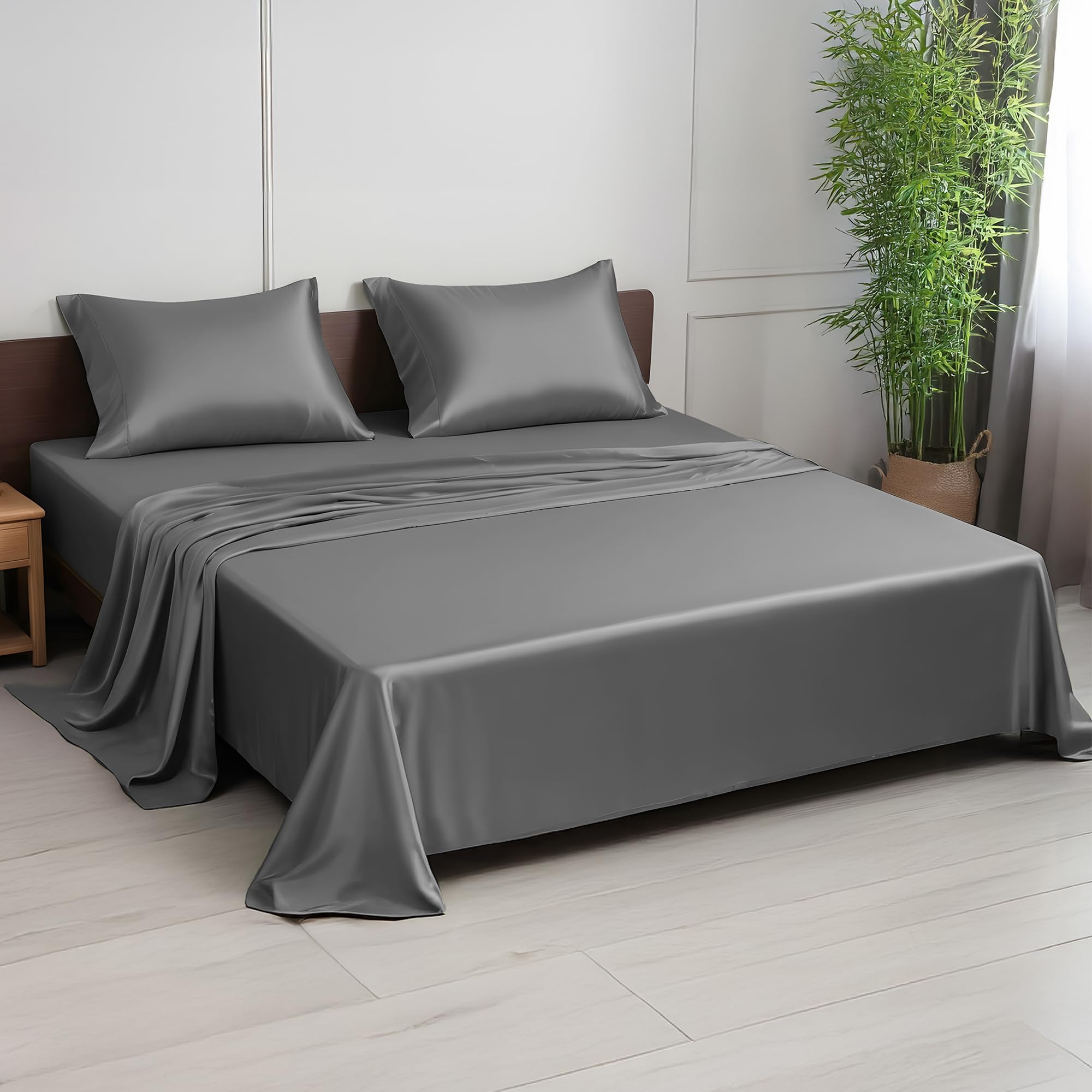 LINENWALAS Double Bed Sheet Set, 300 Thread Count 100% Bamboo Bedding Set, Cooling Silk Sheets, 1 Fitted Sheet, 1 Flat Sheet & 2 Pillowcases (Double, Light Grey)
