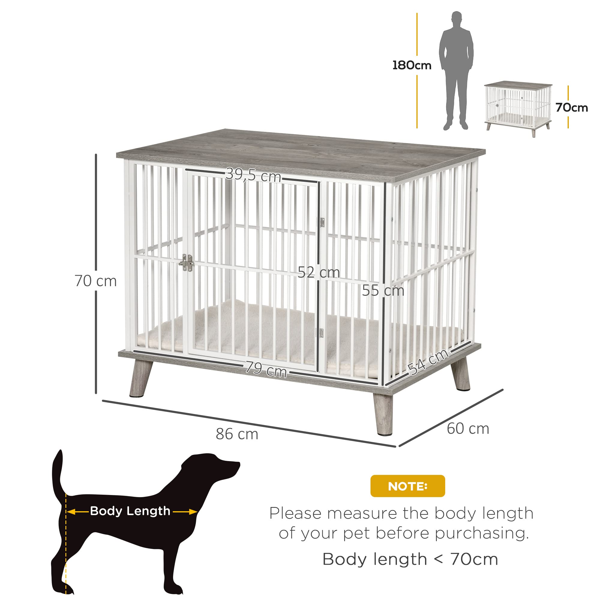 PawHut Hundekäfig Möbel mit Tür Kissen Stahl Hundebox für Zuhause Indoor Hundehütte für mittelgroße Hunde unter 15 kg Hundehaus 86x60x70 cm Grau
