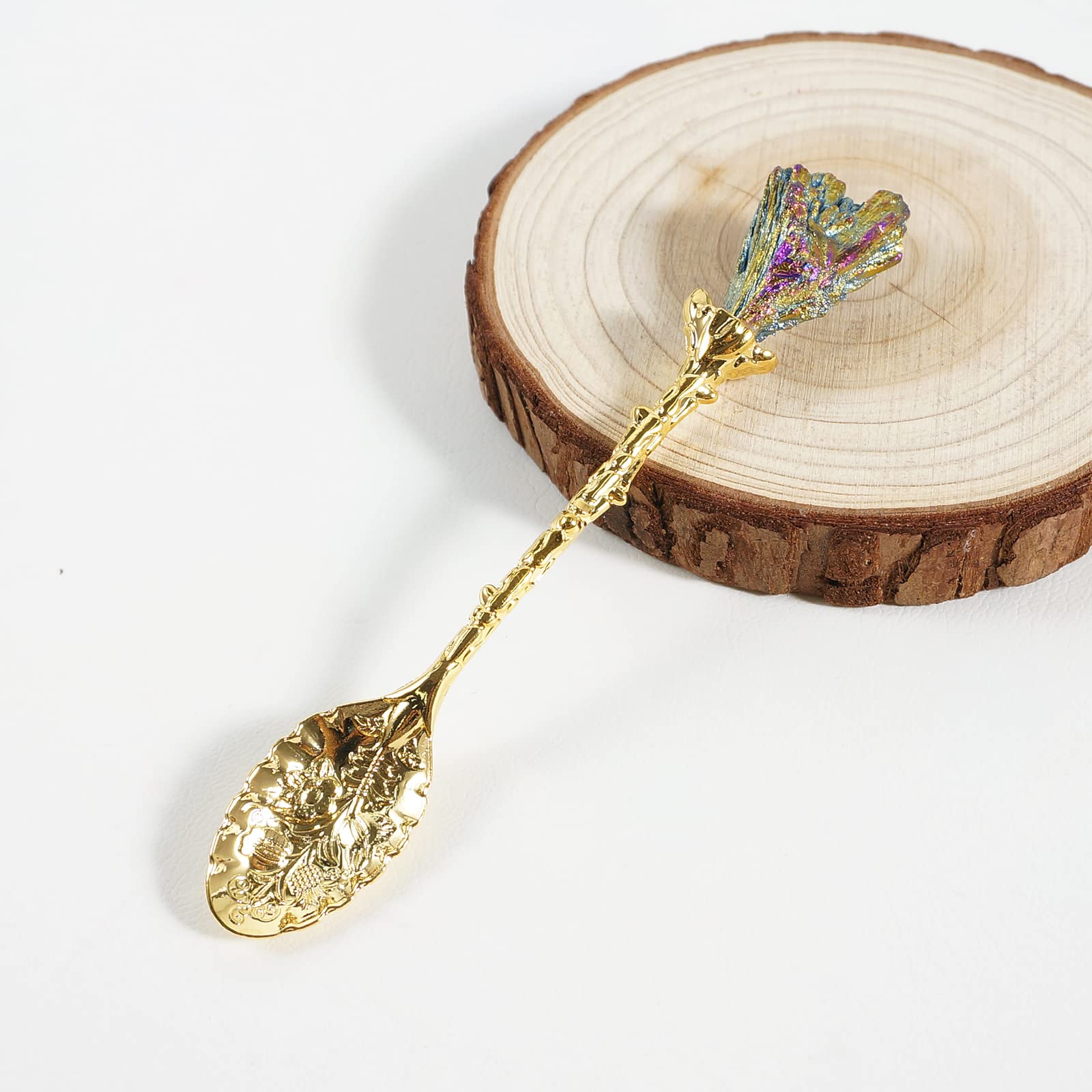 Soulnioi Vintage Carved Crystal Spoons Retro Decorative Coffee Stirring Spoons Dessert Spoons Ice Cream Spoon with Malachite Blue Flame Feather Head for Cafe Office Tableware -Gold - Image 2