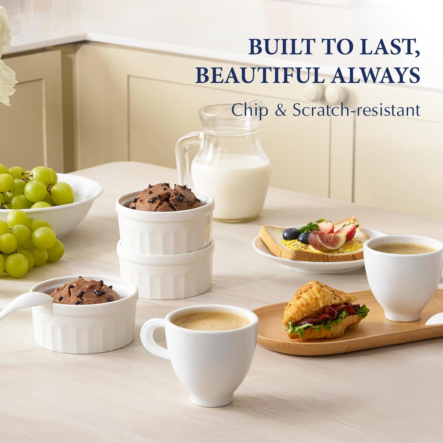 Minh Long Ramekins 6 oz Oven Safe,Porcelain Ramekin for Baking, Creme Brulee Ramekin Bowls Set of 6, Mini Baking White Ramekins 6 ounce, Kitchen Cookware Gifts for Men Women