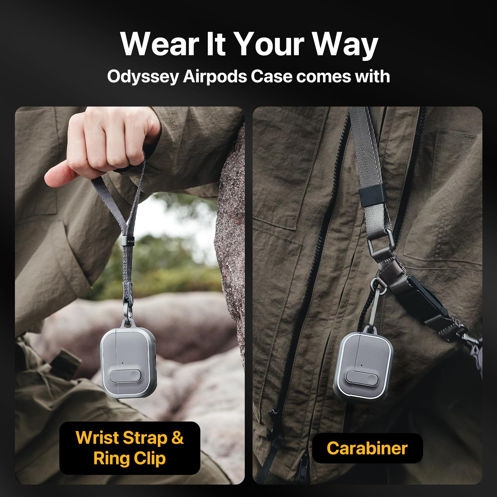 MAGEASY Odyssey - Custodia per AirPods Pro 2, con chiusura di sicurezza, clip a moschettone e cinturino da polso, per viaggi (metallo blu grigio)