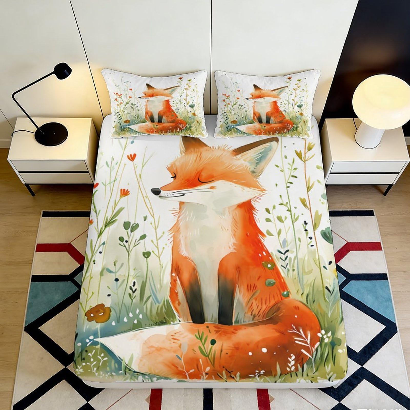 3D Printed Watercolor Fox Fitted Sheet Microfiber Soft Orange Animal Meadow Mattress Cover for Bedroom Home Decor 90x200x25cm
