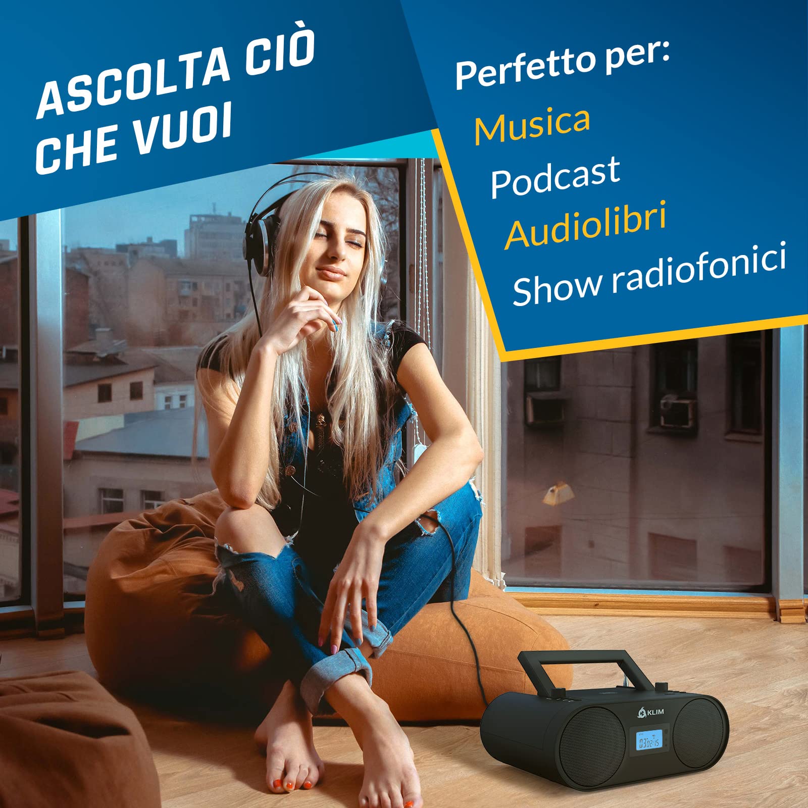 KLIM Lettore CD Stereo Boombox B4 + AM/FM Radio con Lettore CD e USB, Bluetooth, AUX + Stereo casa + Filo o Wireless + Batteria ricaricabile, Telecomando, Standby automatico, EQ Digitale + NUOVO