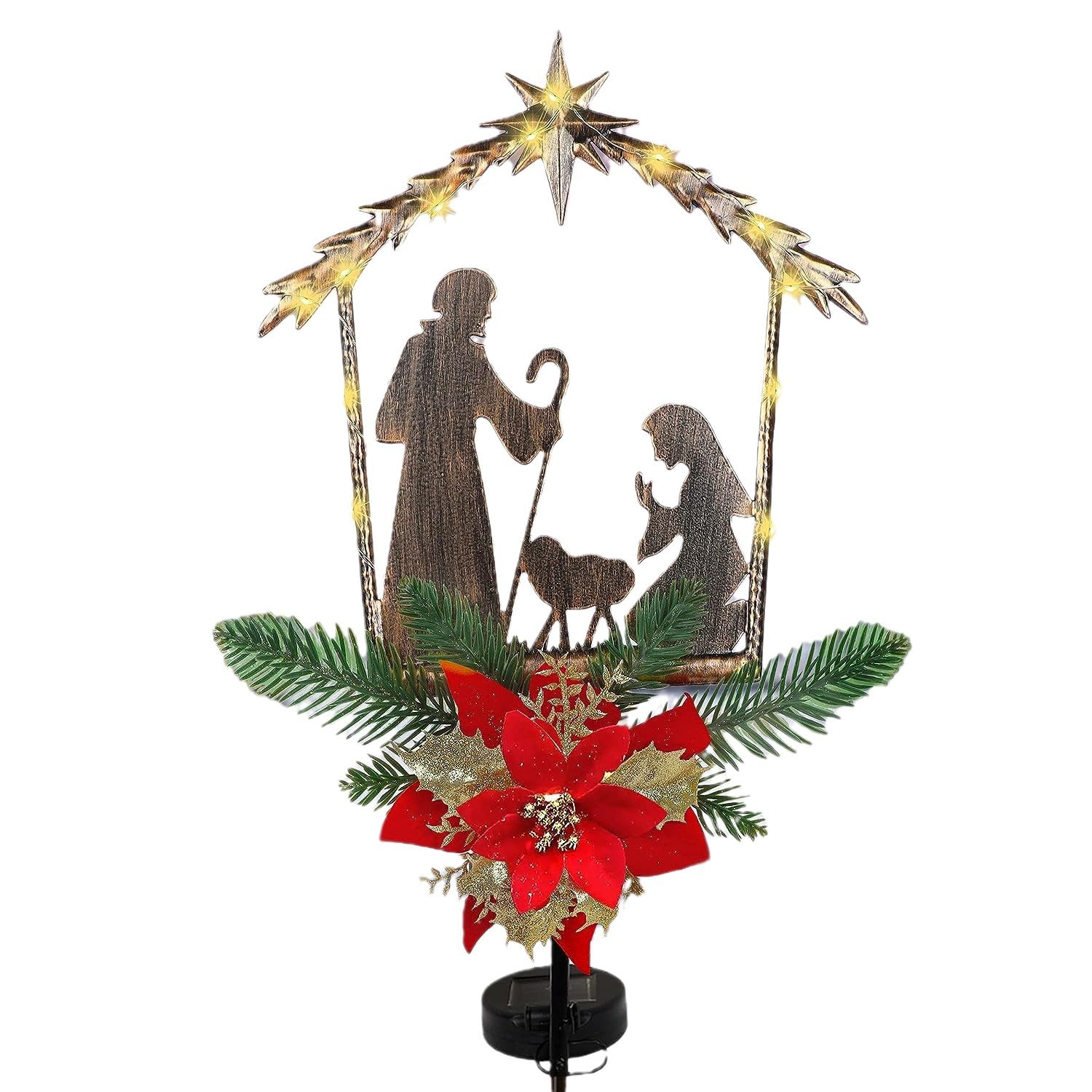 YokiMa Luces de estaca solares navideñas para Exteriores, Escena de Natividad, estacas para Patio al Aire Libre, luz navideña de Metal, Luces de Camino de Navidad iluminadas para Exteriores