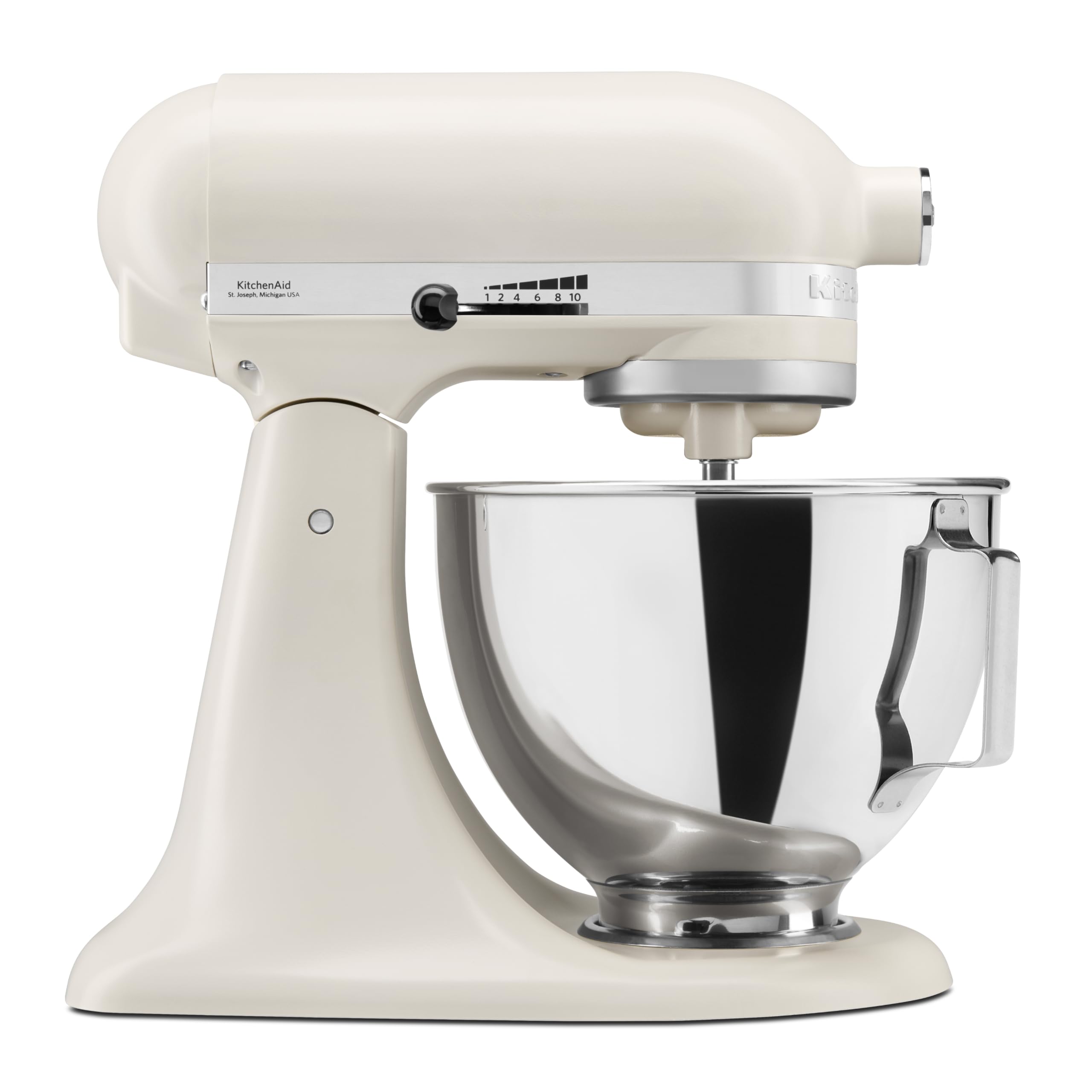 KitchenAid Classic 4,3L Küchenmaschine mit Schwenkkopf, 10 Stufen mit Sanftanlauf, Flachrührer, Knethaken & Schneebesen, Planetenrührwerk, 59 Schüsselkontaktpunkte, Porcelain White