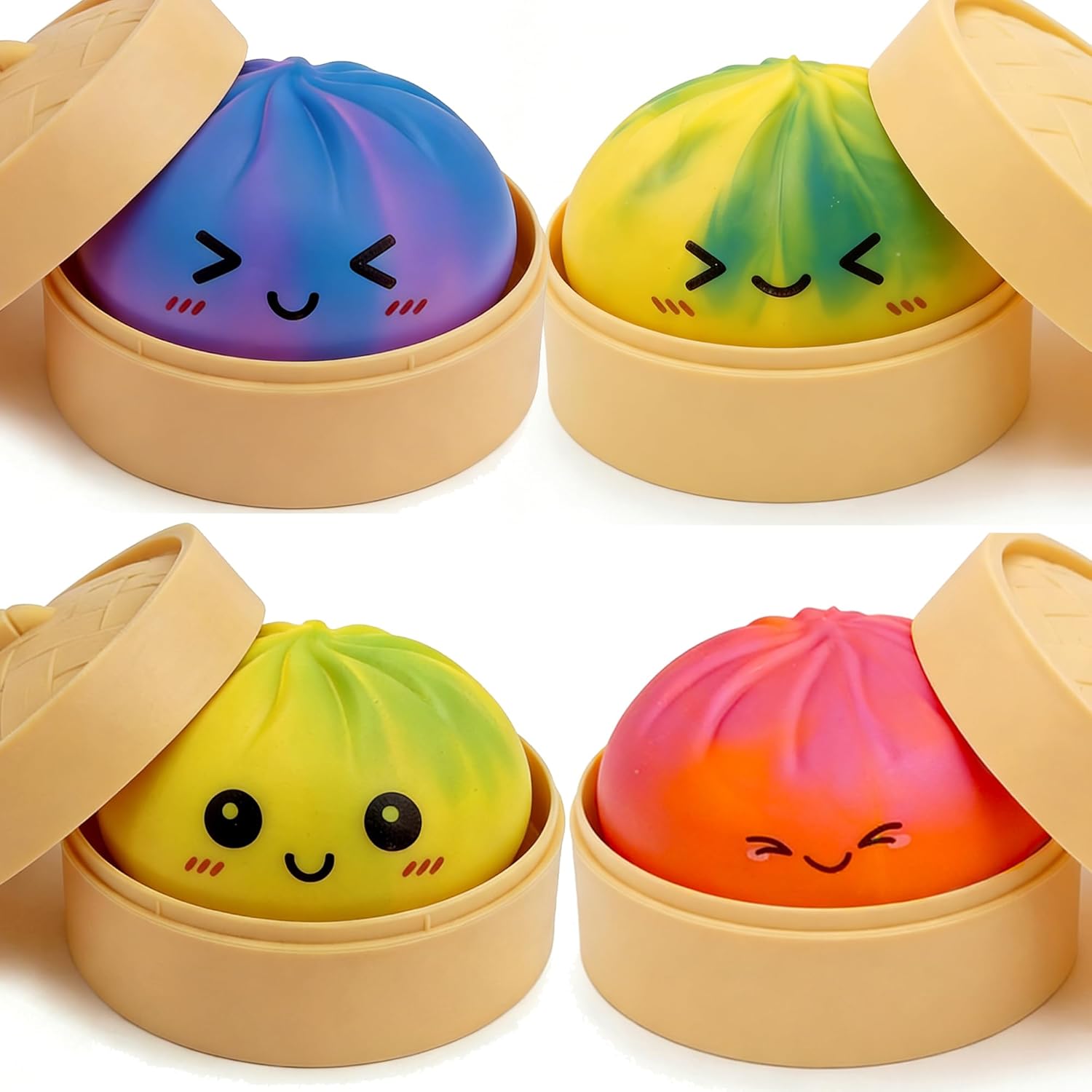 4 PCS Dumpling Squishies with Box, Colorful Mystery Squishys Dumplings Stress Relief Balls Fidget Sensory Toy,Bao Bun with Food Steamer Stretchy Desk Squeeze Toys