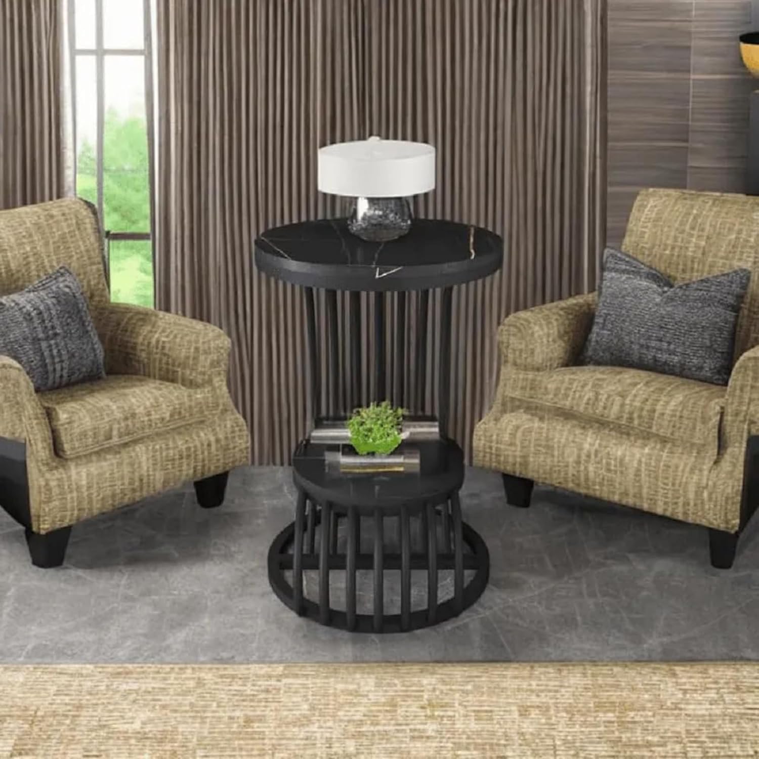 Round Metal End Table with Two Levels of Storage Shelves, Contemporary Bedside Table with Marble Accent for Living Room or Bedroom (Black)-image-27