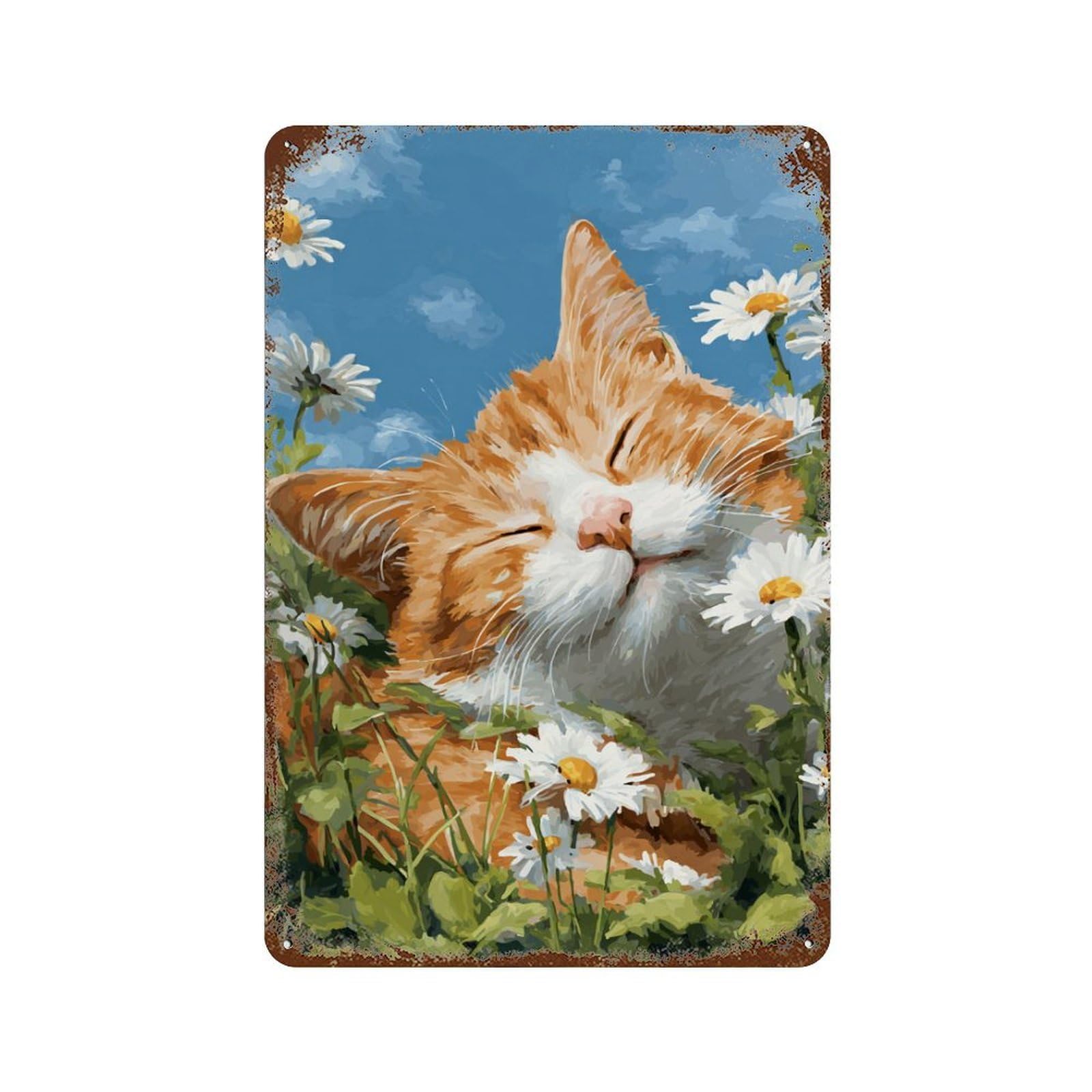 Cat in Daisy Field -9 11.8"x7.9" Distressed Metal Wall Sign, Retro Wall Decor for Garage, Bar And Workshop Decor