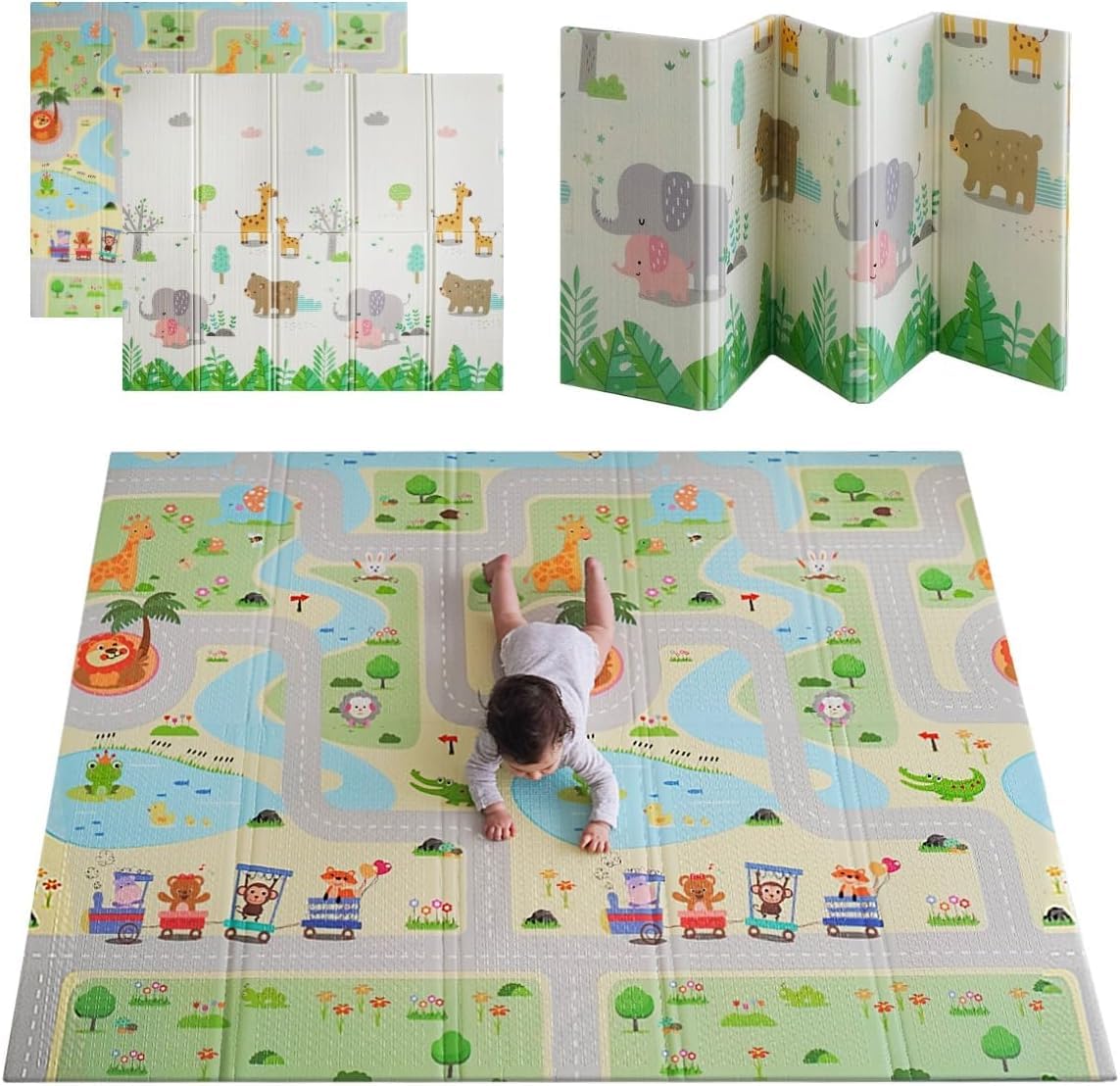 MIKMEL Alfombra Bebe Acolchada Plegable Reversible – Tapete Actividades y Juegos para Niños, Colchoneta de Suelo XPE Impermeable para Gateo – Diseño Carreteras/Animales – 180x150x1cm