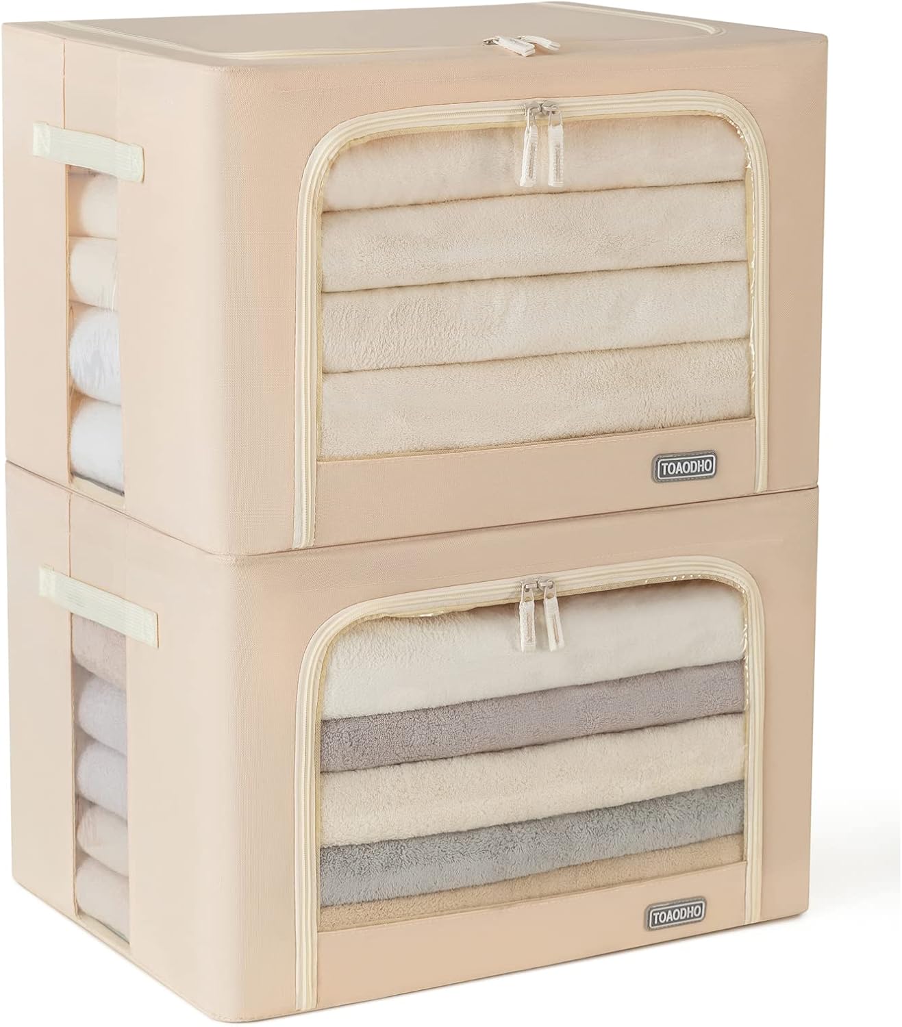 TOAODHO Foldable Clothes Storage Bins, 2 Pack Stackable Frame Storage Box,Oxford Fabric Container Organizer Bins with Carrying Handles and Clear Window