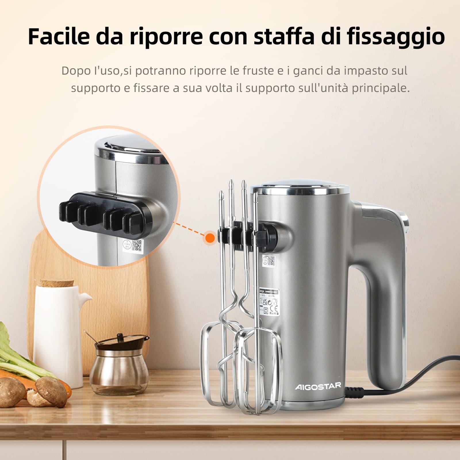 Aigostar Adela - Sbattitore Elettrico, Potenza di 400 W, 5 Velocità Regolabili e un Pulsante Turbo, una Staffa Portaoggetti, 2 Fruste e 2 Ganci. Color Argento