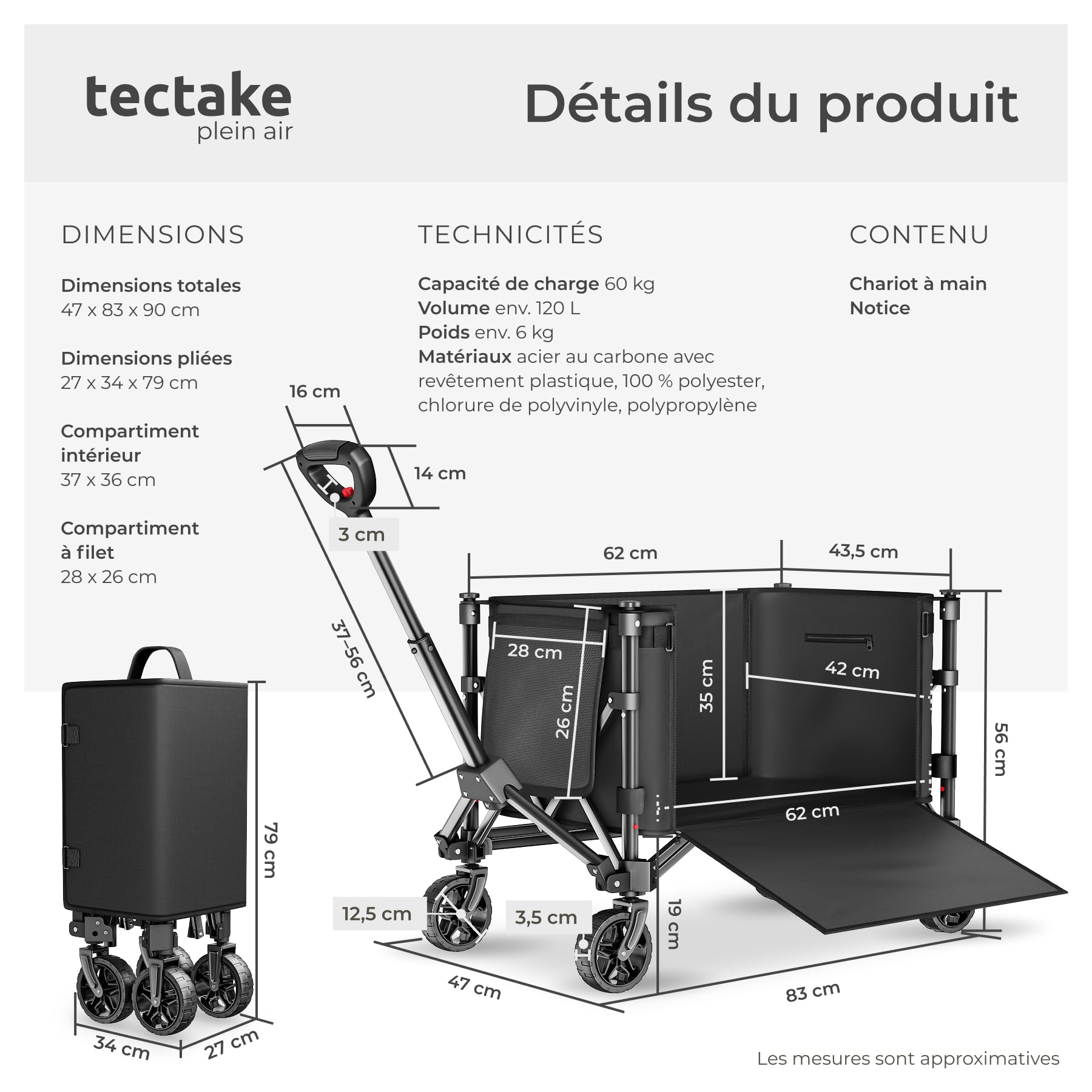 tectake® Chariot pliable multifonctions 120 L, Charge max 60 Kg, Chariot à roulettes, Poignée télescopique Roues amovibles, Idéal Camping, Plage, Jardin, Caddie, Courses, Demenagement, Festival, Pêche