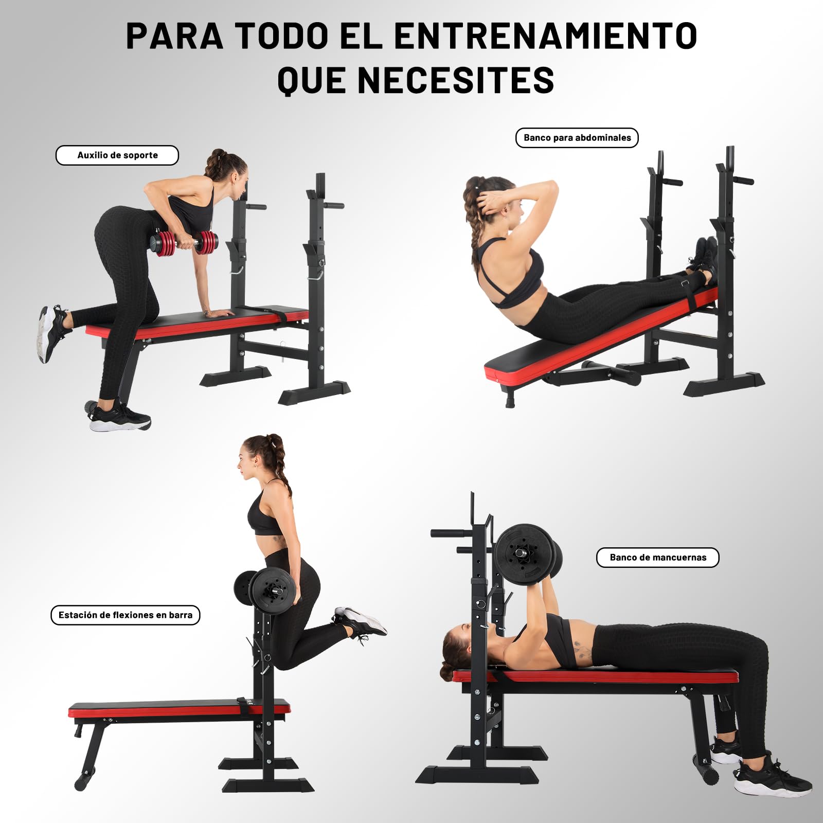 ISE Banco de musculación plegable ajustable con soporte de barras para mancuernas y estación de dips, bancos de musculación ajustables rojo negro 544-BK, blanco negro 544-WH
