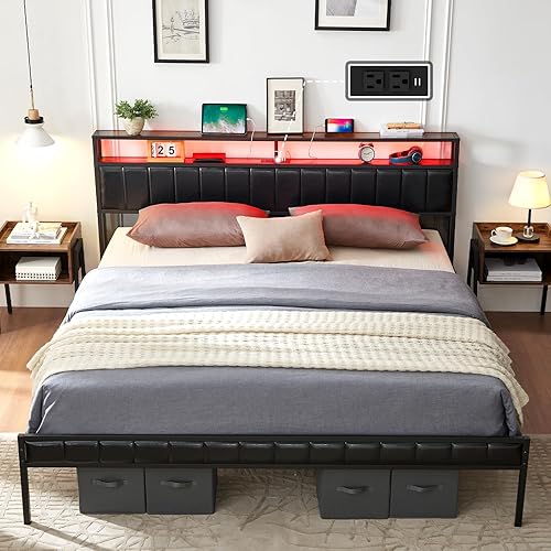 AMERLIFE Base de cama de plataforma tamaño King, marco de cama LED con piel sintética y estación de carga, cabecera de almacenamiento de 2 niveles,