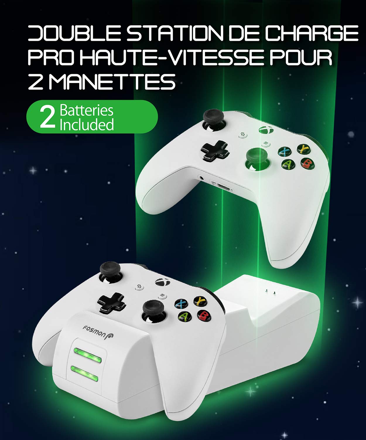 Fosmon DUAL 2 MAX Ladestation Kompatibel Mit Xbox Series X/S (2020), Xbox One X S Elite Controllers, Docking Station + 2 x 2200mAh Wiederaufladbare Batterie Ladeschacht Station - Weiß