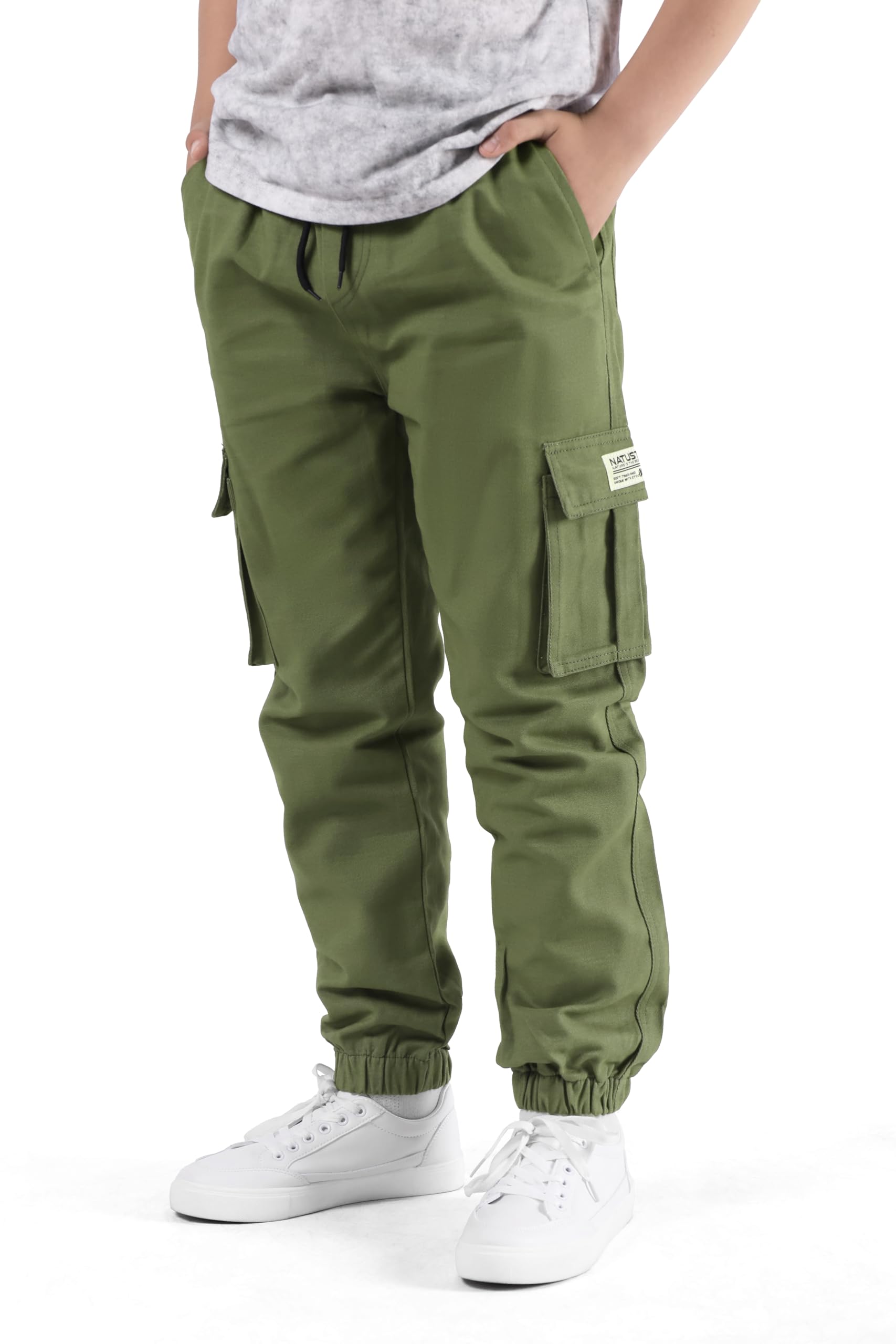 NATUST Jungen Cargohose Kinder Freizeithose Jogginghose Jungs Cargo Hose mit Elastischem Bund Armeegrün 128-134