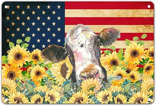 Independence Day 4th of July Decor Tin Sign National Day Cow Sunflower USA Flag Tin Plaque Rustic Retro Metal Sign Rustic Oil Painting Funny Metal disponible en Yaxa Guatemala