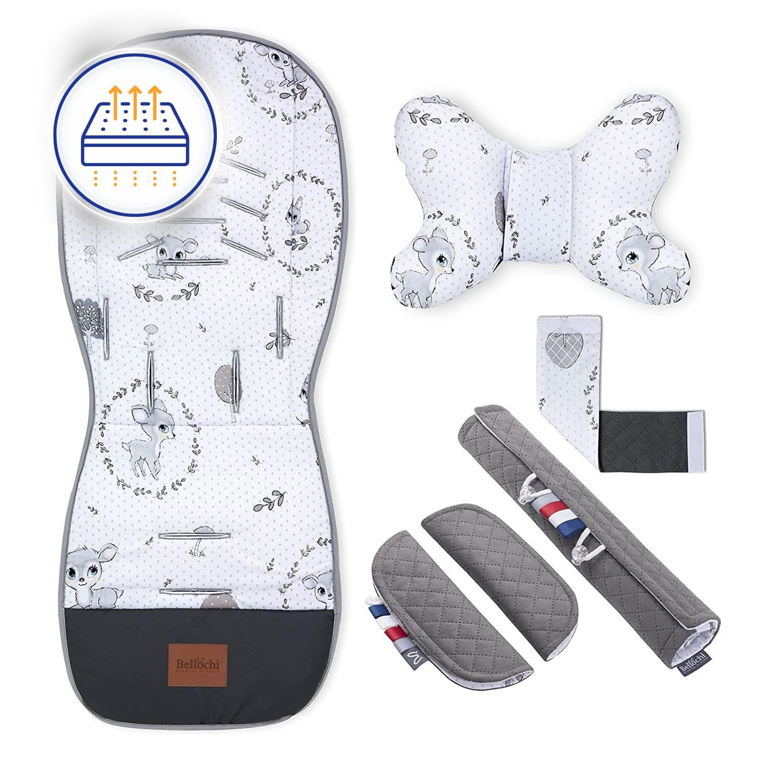 Bellochi Coussin Poussette Universel Été Matelas Poussette Universelle - Coussin Reducteur Poussette Universel et Aéré avec Coussin Anti-Choc -Coton et Velours - Bambi Baby