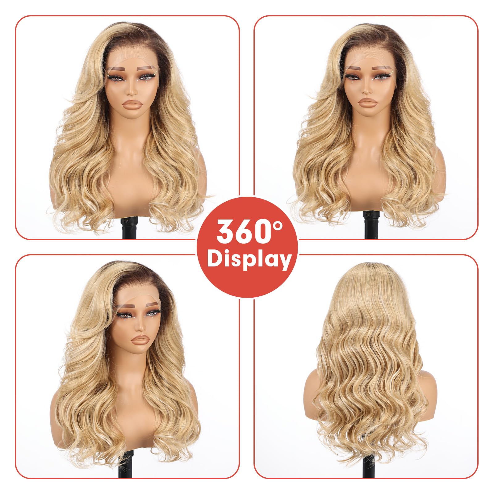 Allbell Peluca Frontal de Encaje Ombre Rubio 13x6 para Mujeres Negras, Peluca Sintética HD Sin Pegamento, Reemplazo de Cabello Ondulado de 22 Pulgadas