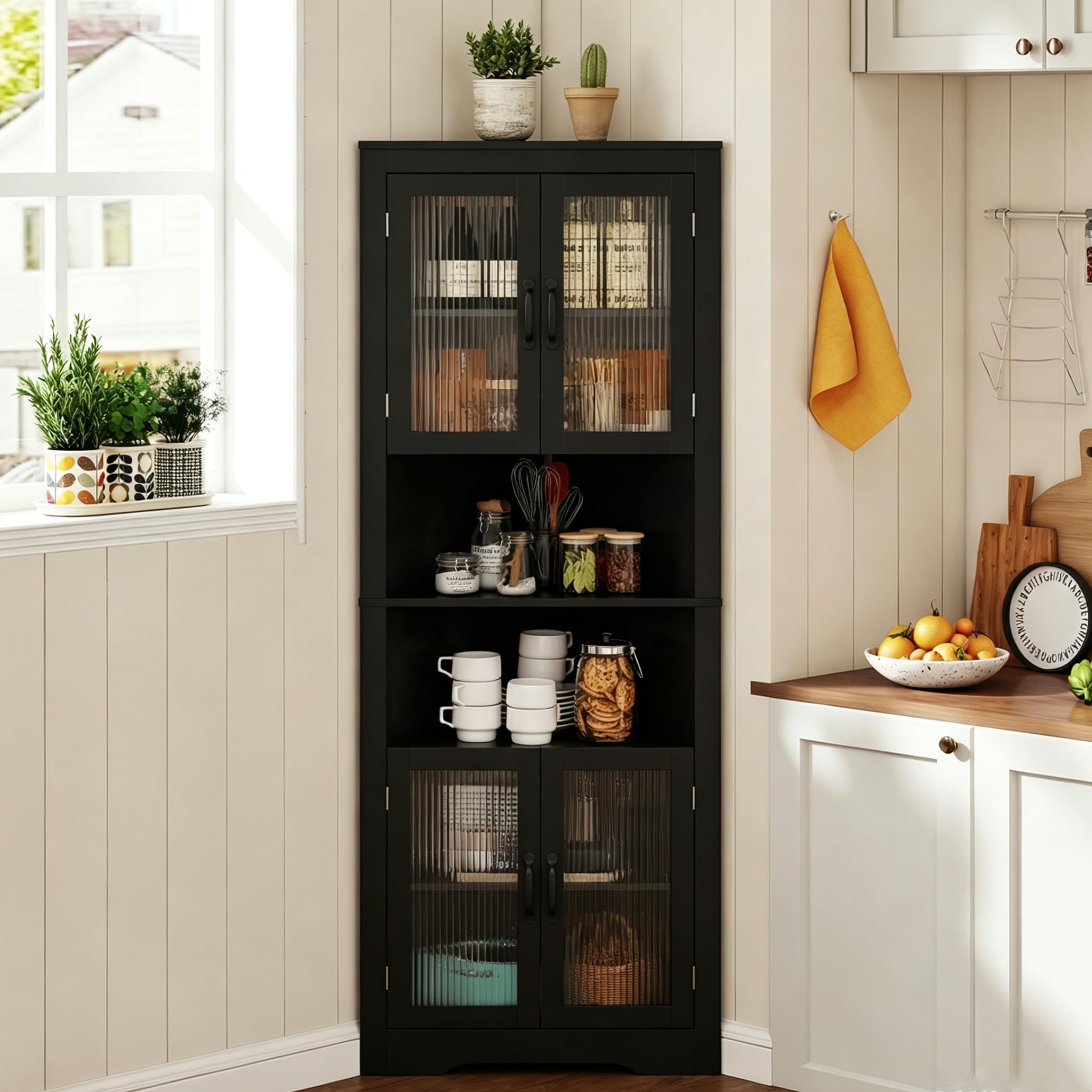 COSTWAY 6-tier Corner Cabinet, 171cm Tall Triangular Storage Cabinet with 4 Tempered Glass Doors, Adjustable Shelves & Anti-tipping device, Space Saving Wooden Sideboard Shelving Unit (Black)