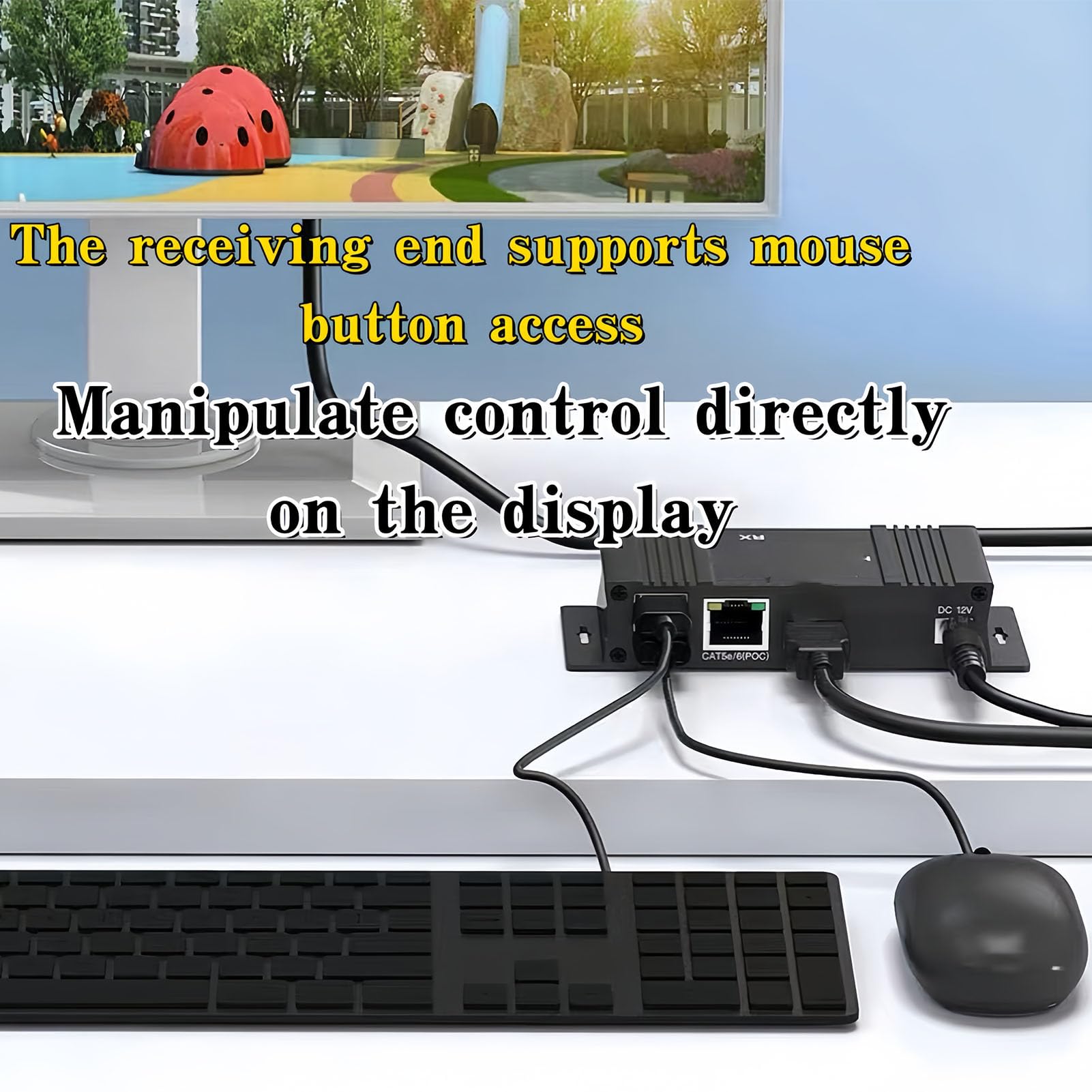 Jiawu Przedłużacz USB KVM, Zestaw Przedłużacza HDMI, Transmisja Wideo 1080P 60 Hz Przez Kabel Ethernet CAT5e/6 do 56 Stóp, Funkcja Plug and Play do Sterowania klawiaturą i myszą USB (wtyczka UE)