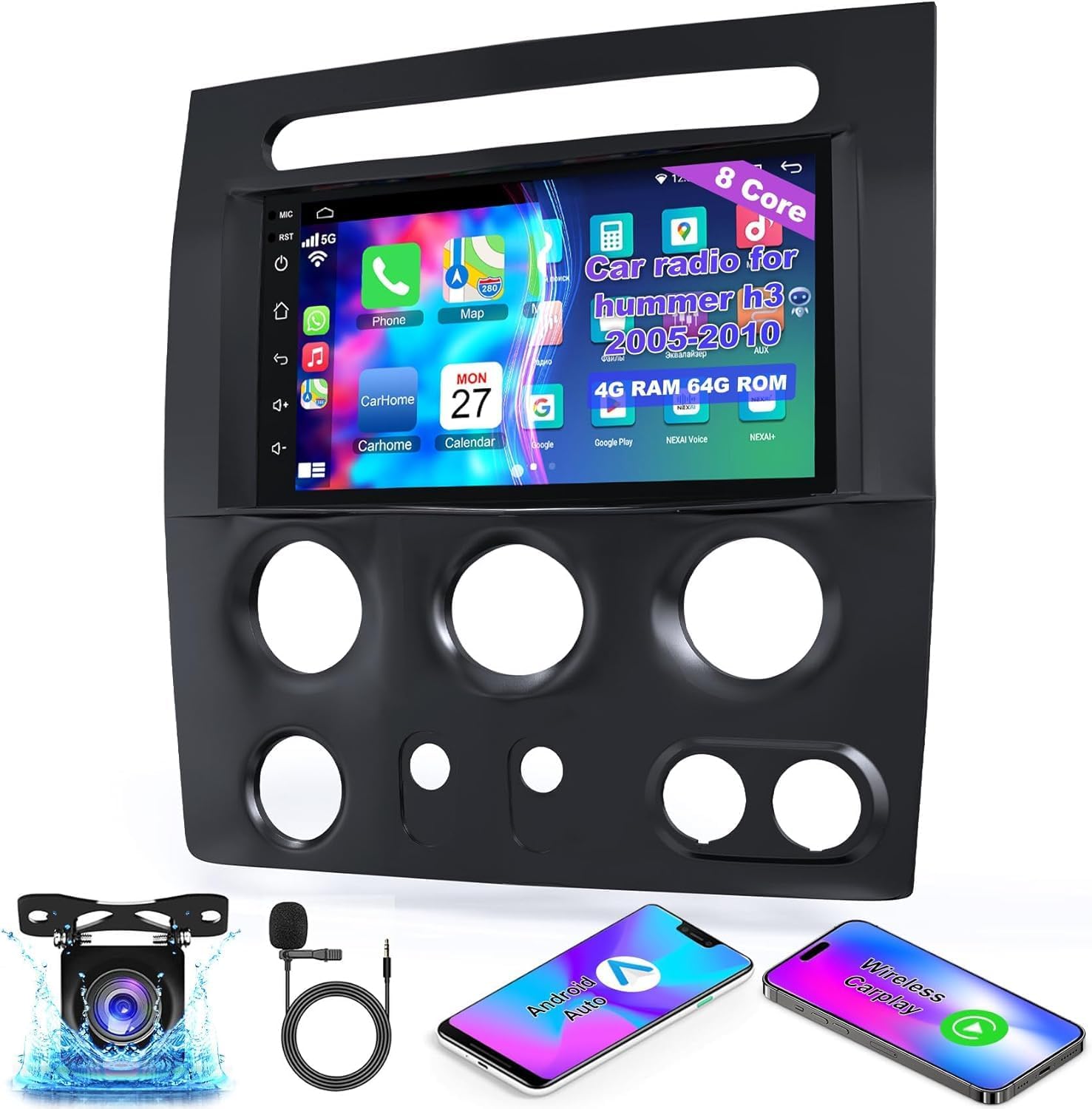 4G+64G Android 12 Car Radio for Hummer H3 2005 2006 2007 2008 2009 2010, 9 Inch Touch Screen H3 Stereo with Wireless CarPlay, Android Auto, GPS, WiFi, HD Backup Camera, SWC, Bluetooth 5.2, FM Radio