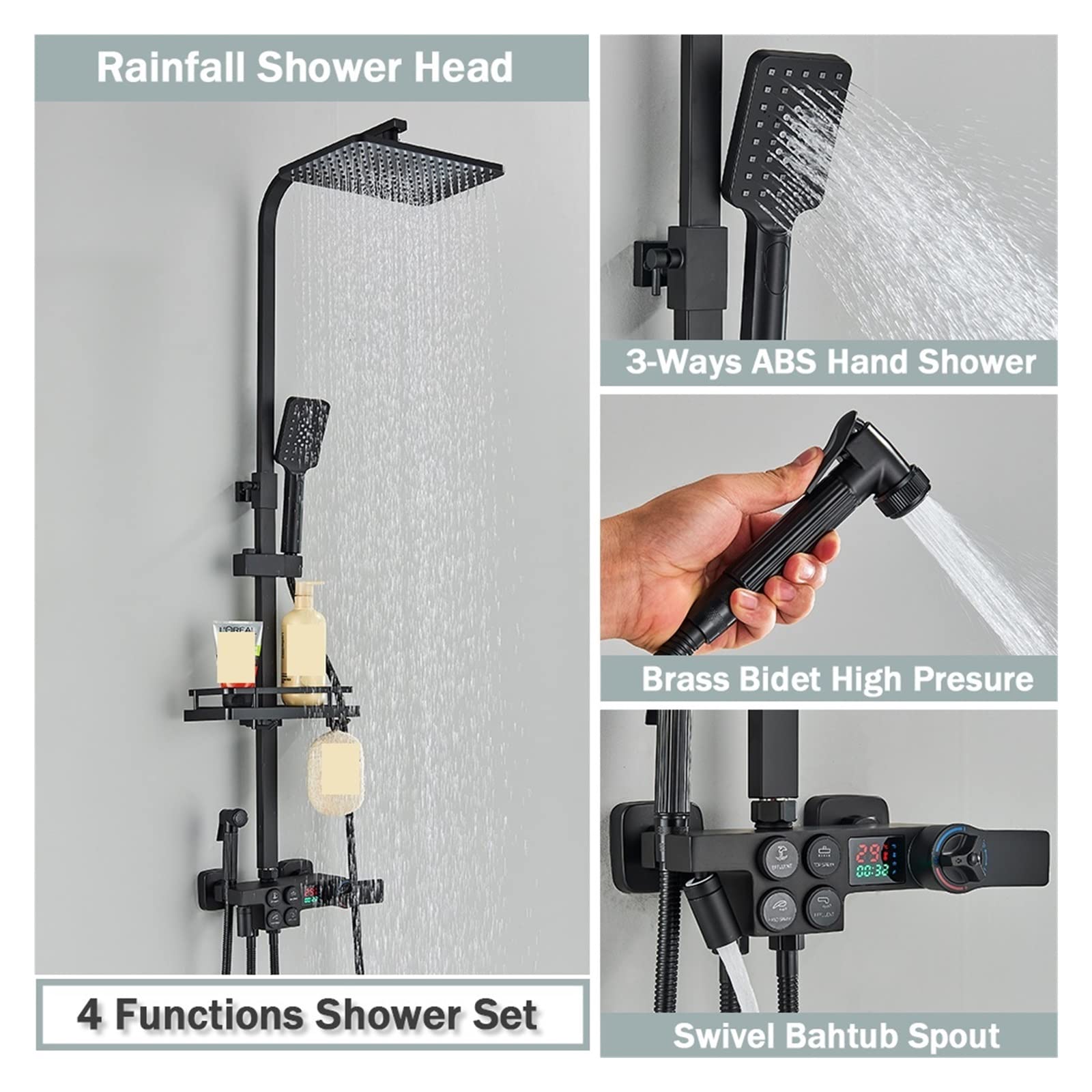 Genérico Juego de Grifo de Ducha termostático Digital Inteligente: Lluvia y rociador montado en la Pared, Negro y Dorado, Grifo Mezclador de baño Moderno para máxima Comodidad y Estilo.