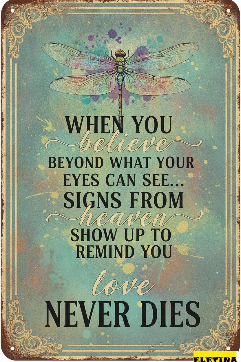 Believe Beyond Eyes Dragonfly Tin Sign, 8x12 Inch Decor