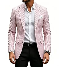 Mens Pink Striped Seersucker Blazer, 100% Cotton Lightweight Sport Coat for Wedding, Business, Beach
