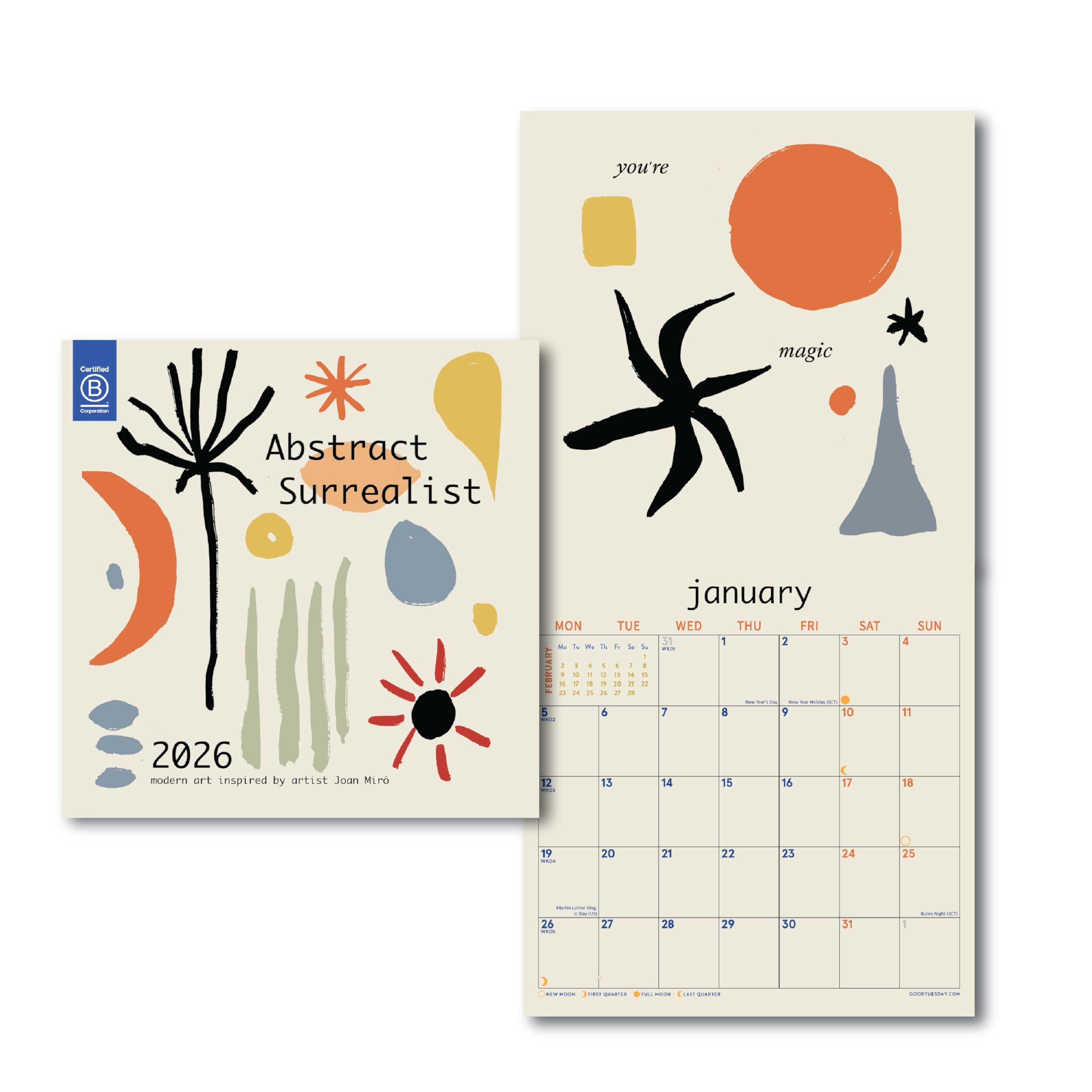 Good Tuesday - Abstract Surrealist Wall Calendar 2026, Modern Art Inspired by Joan Miró, 23.5 x 33.5 cm, 100% Recycled Paper, Monthly Grid Layout