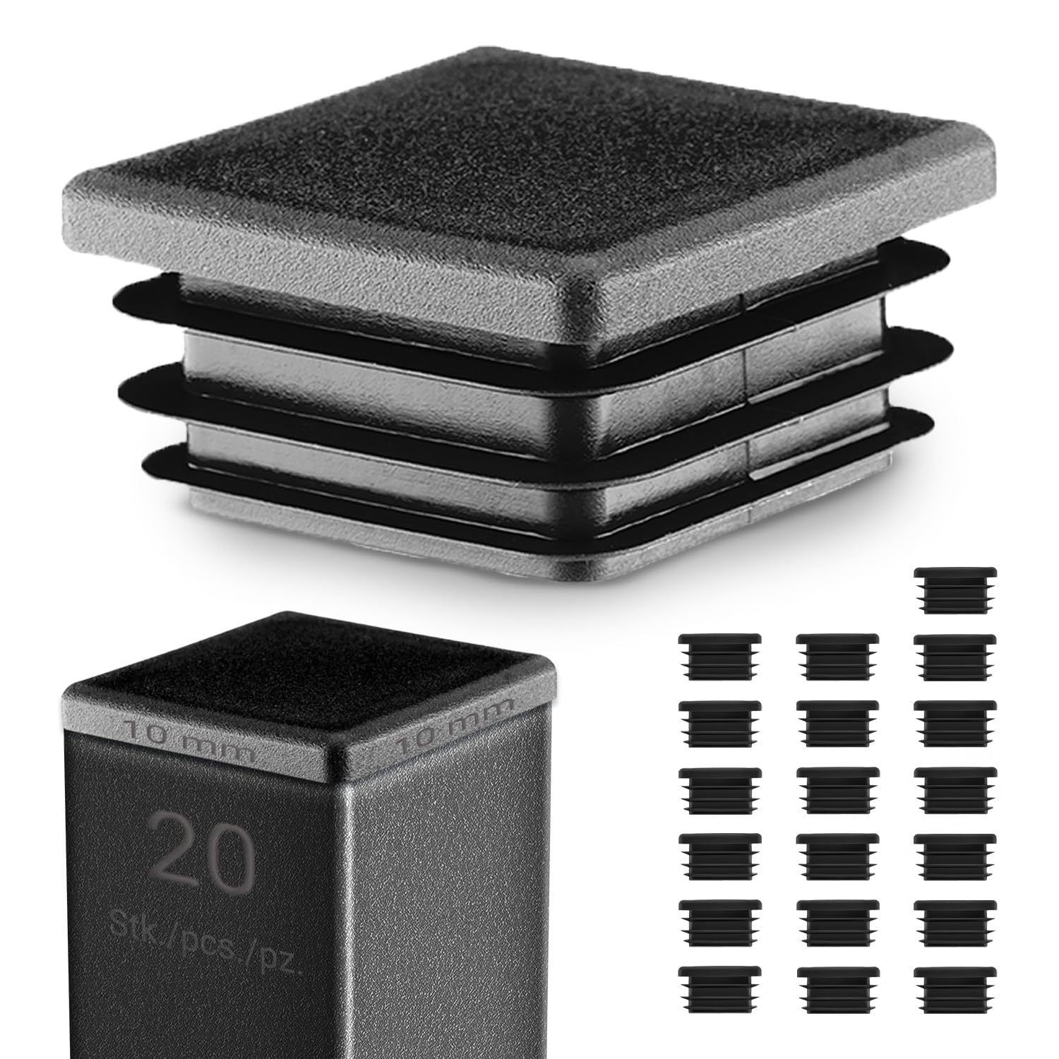 EMFA Square End Caps 10x10 mm โ Plastic Tube Inserts for Steel Box Section โ Black Tube Plugs โ 20 Pcs