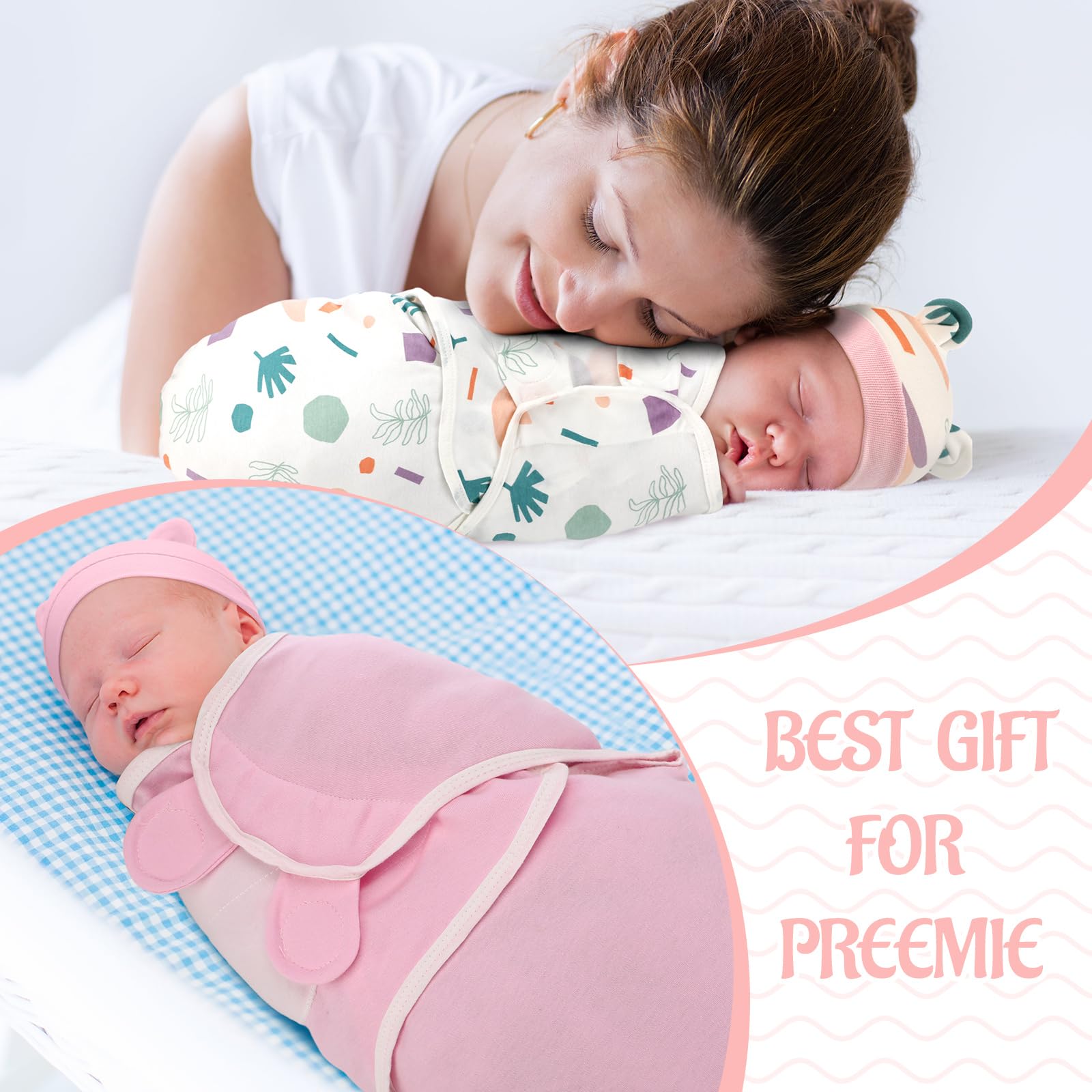 Namalu Preemie Wickeldecken-Set mit Mütze für Babys, Jungen und Mädchen, 1,4–3,2 kg, Frühchen, Neugeborene, Kleidung, Schlafanzug, Rosa, Boho, 4 Stück