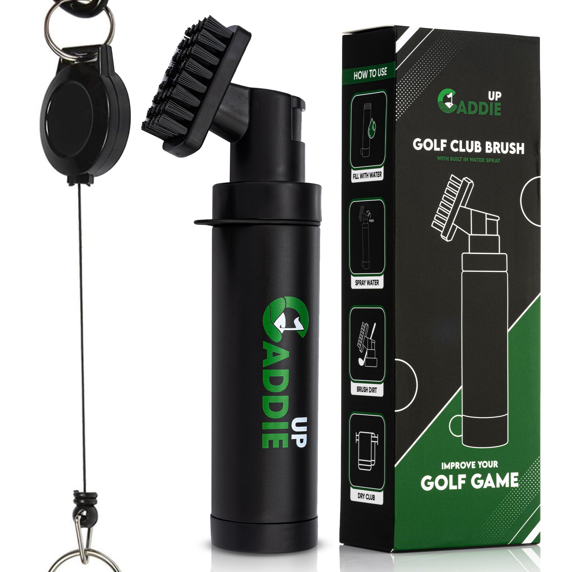 Golf Club Cleaner Brush with Water Spray in Black - Updated Design with Strong all-in-one Brush Head and Improved 75cm Retractable Wire Attachment - Perfect Golf Gifts for Men this Christmas