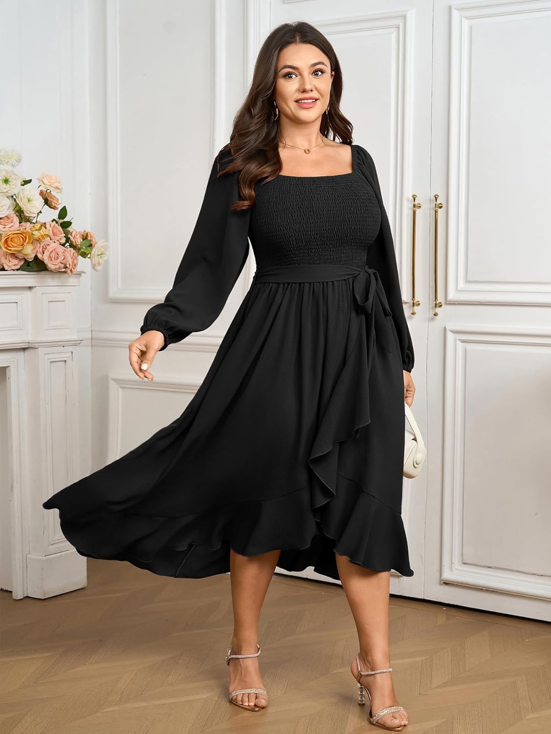 SCOMCHIC Women Plus Size Cocktail Dress Formal Long Sleeve Wedding Guest Smocked High Low Ruffle Dress with Belted - Image 5